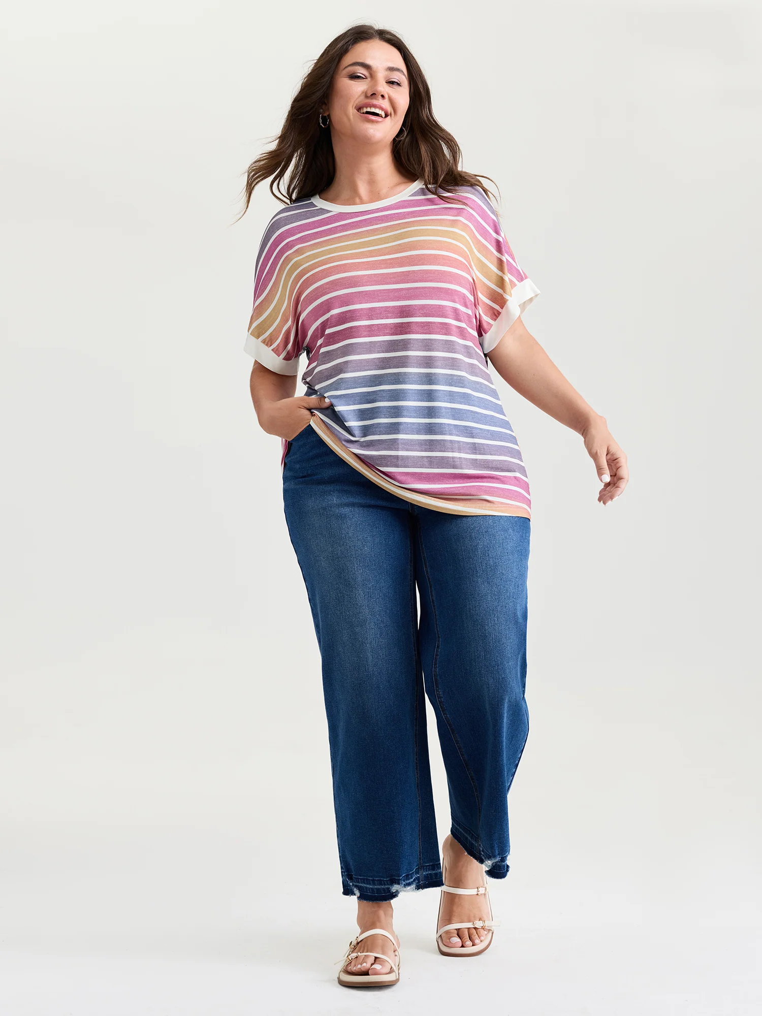 Colorful Gradient Stripe Round Neck T-Shirt - Image 2