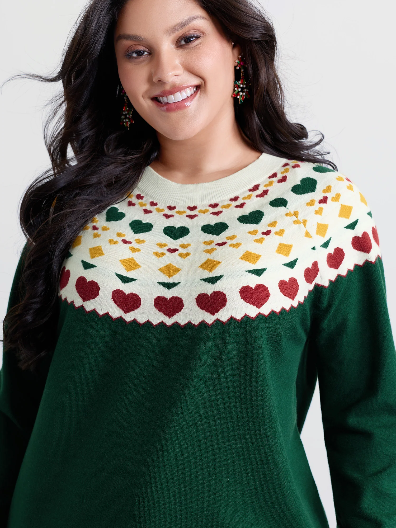 Colorful Heart Jacquard Round Neck Pullover - Image 2