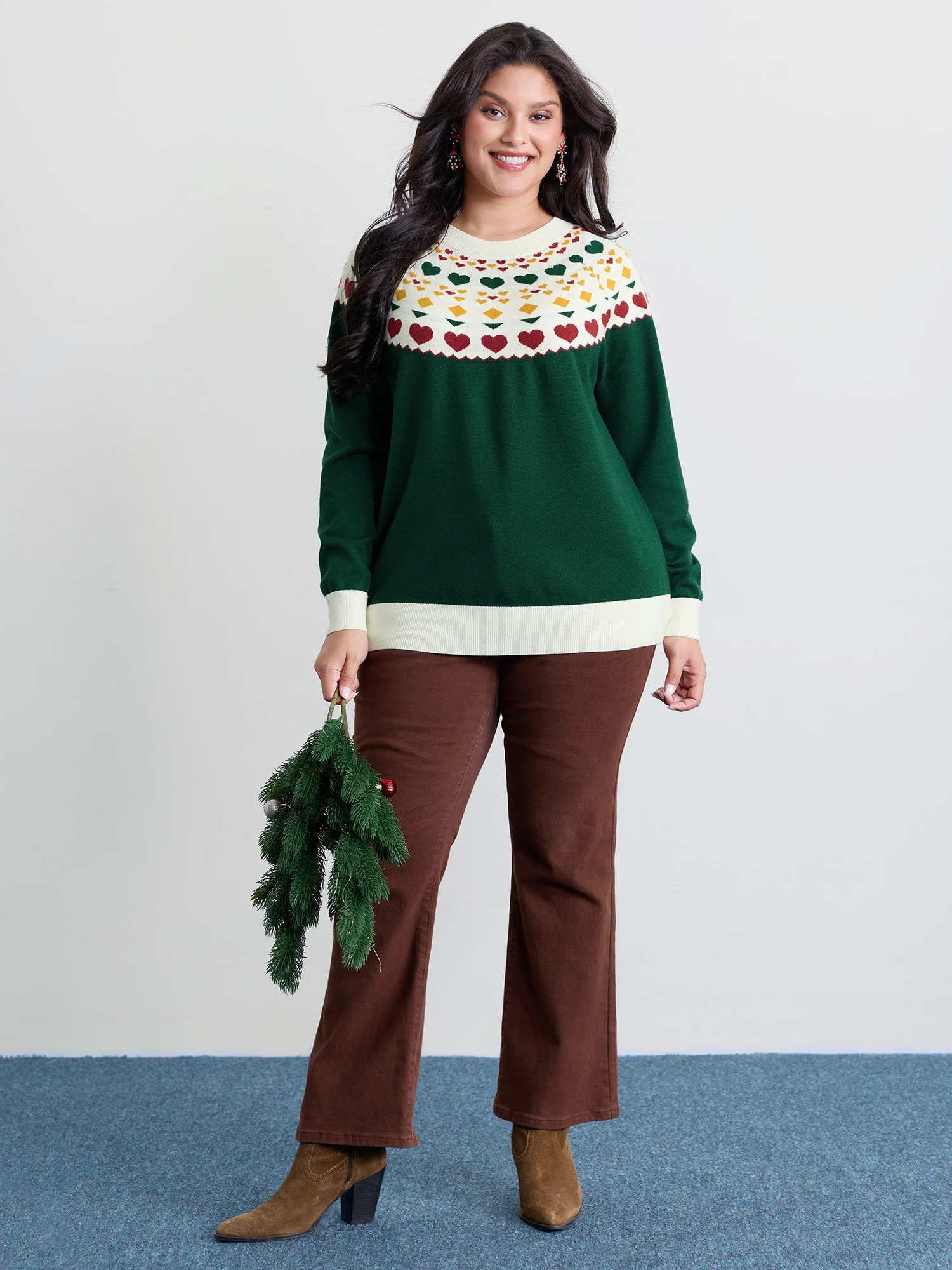 Colorful Heart Jacquard Round Neck Pullover - Image 3