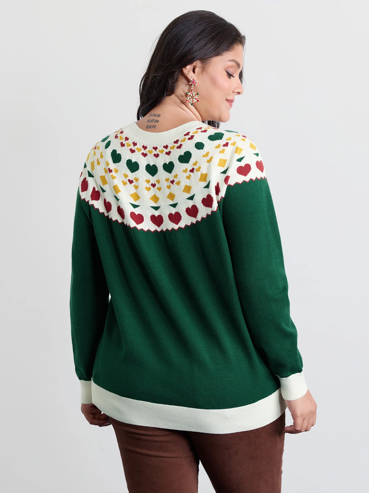 Colorful Heart Jacquard Round Neck Pullover - Image 4