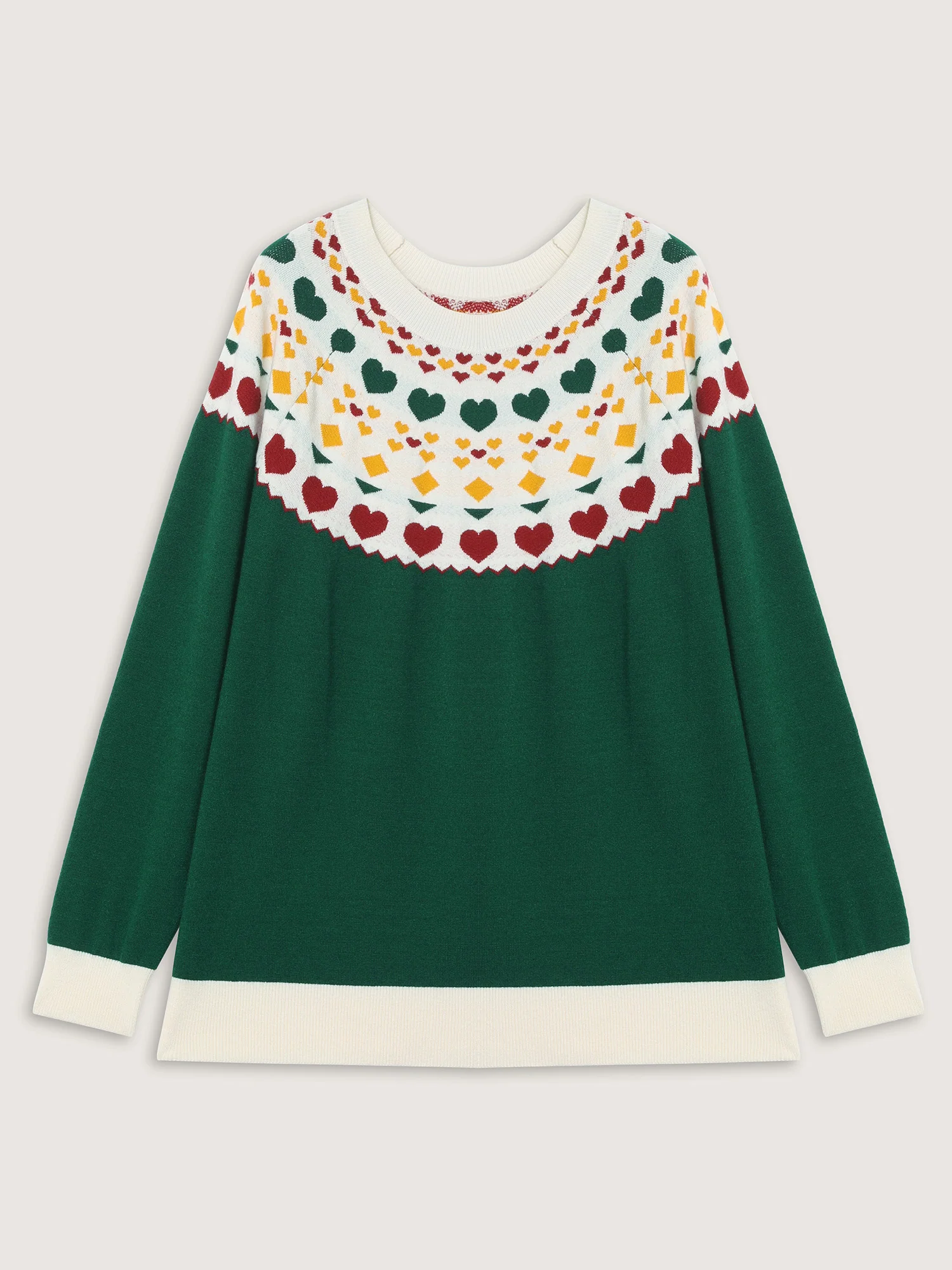 Colorful Heart Jacquard Round Neck Pullover - Image 7
