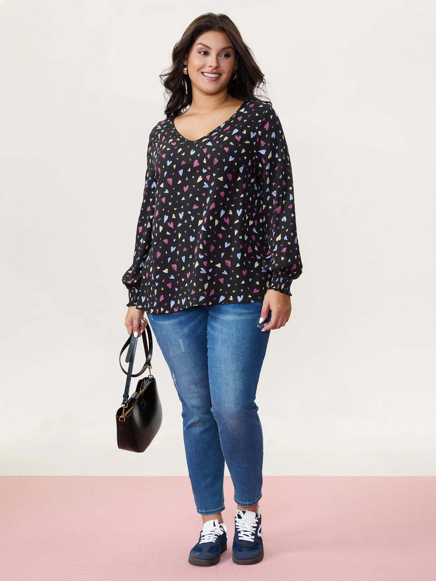 Colorful Heart Print V-Neck Blouse - Image 2