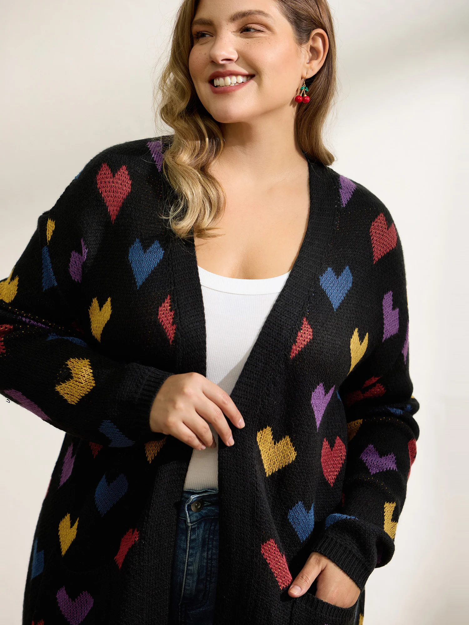 Colorful Hearts Jacquard Pockets Knit Cardigan - Image 2