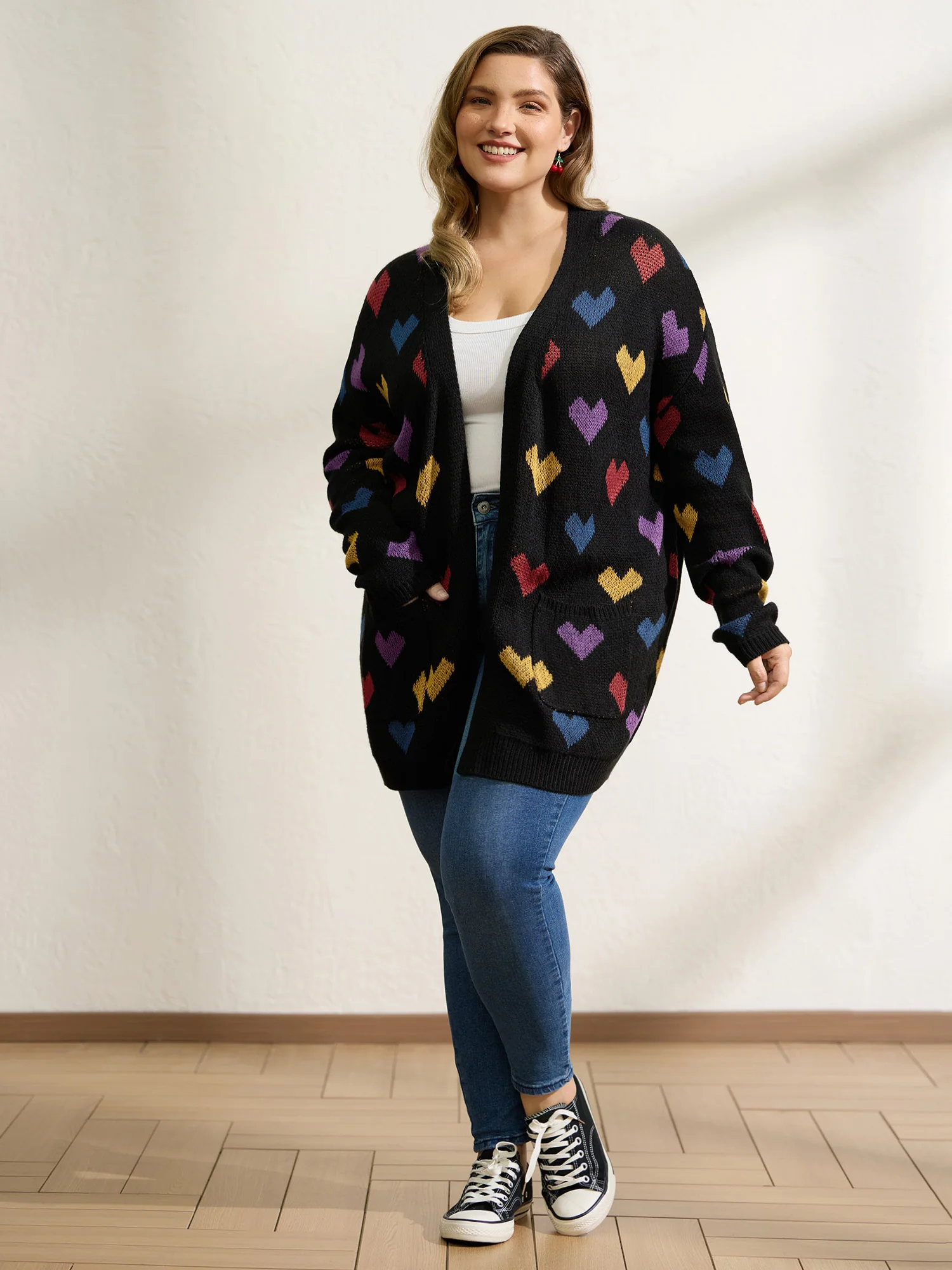 Colorful Hearts Jacquard Pockets Knit Cardigan - Image 3