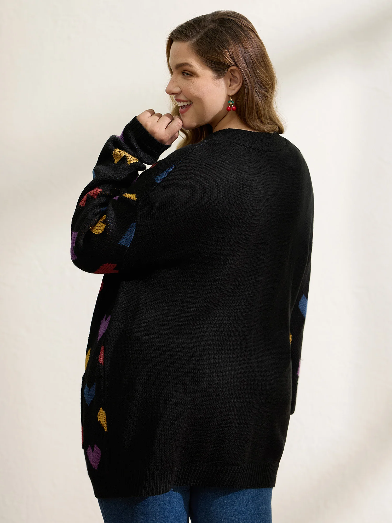 Colorful Hearts Jacquard Pockets Knit Cardigan - Image 4