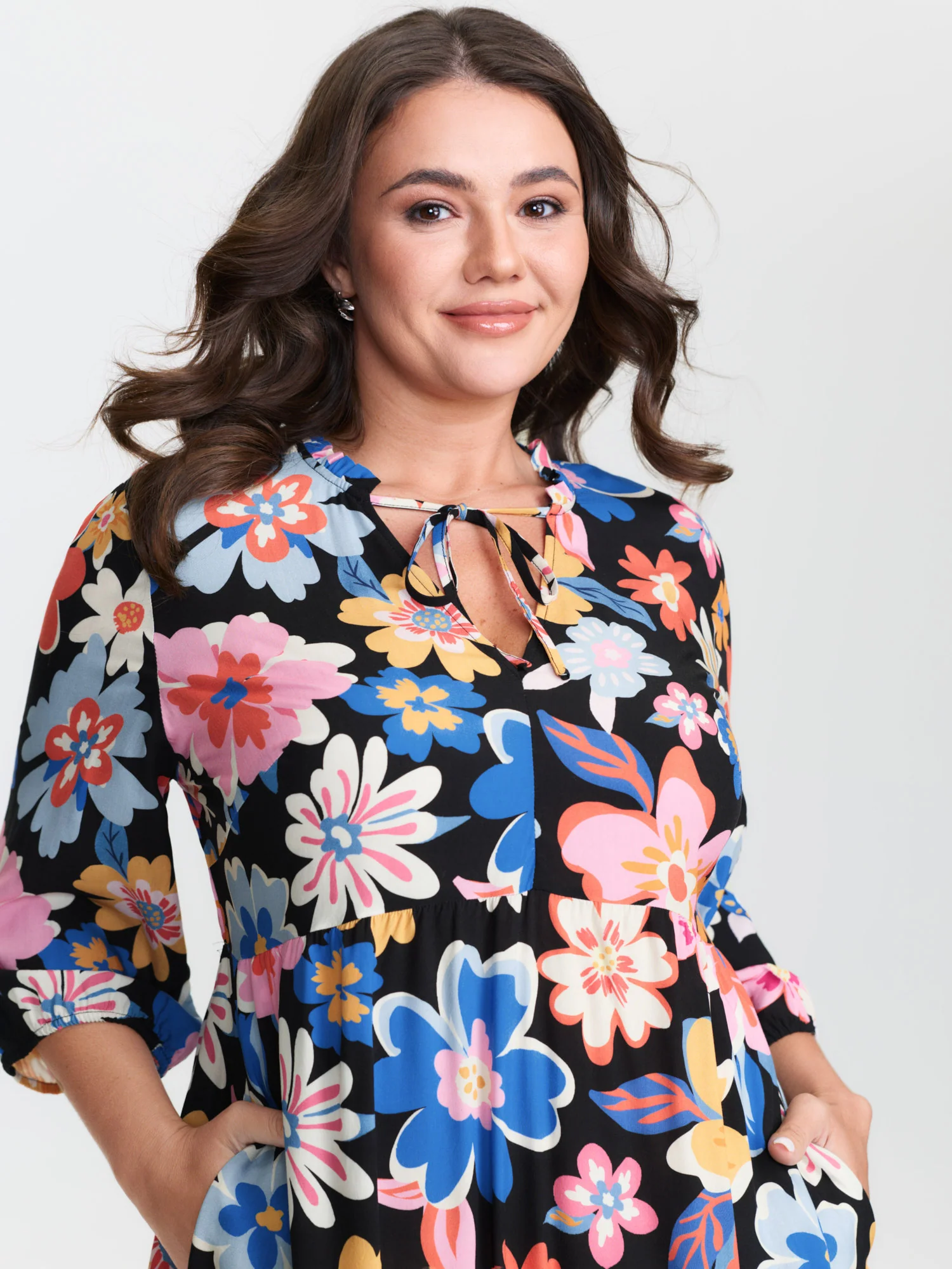 Colorful Large Floral Print Notched Collar Midi Dress - Image 2