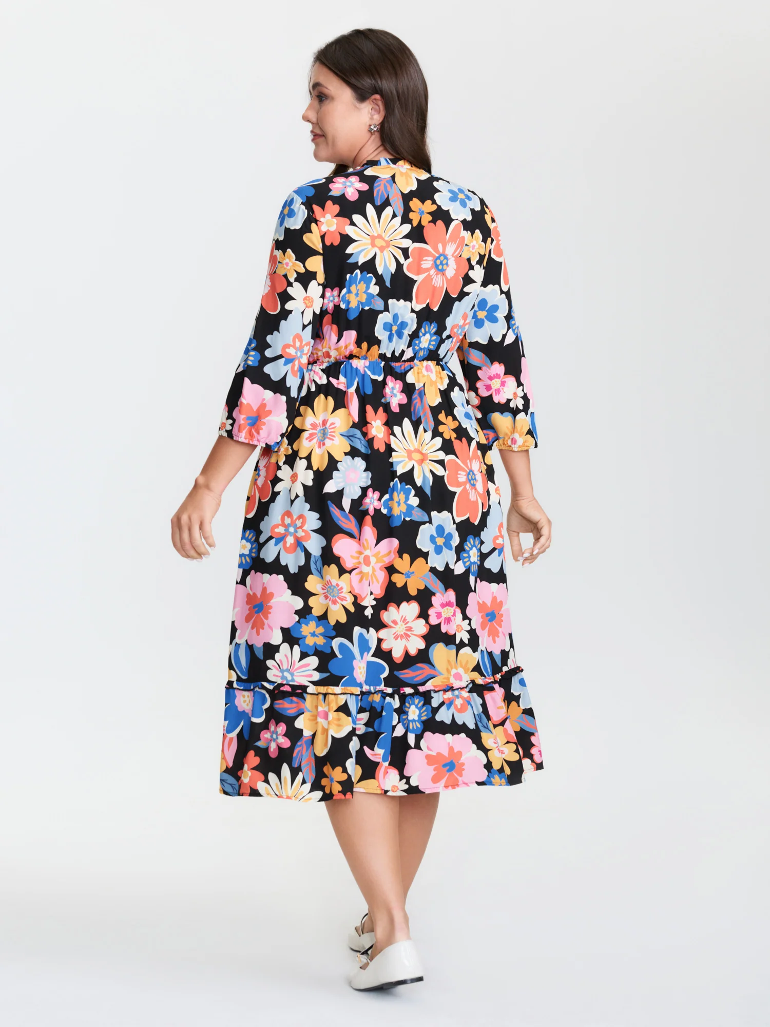 Colorful Large Floral Print Notched Collar Midi Dress - Image 4