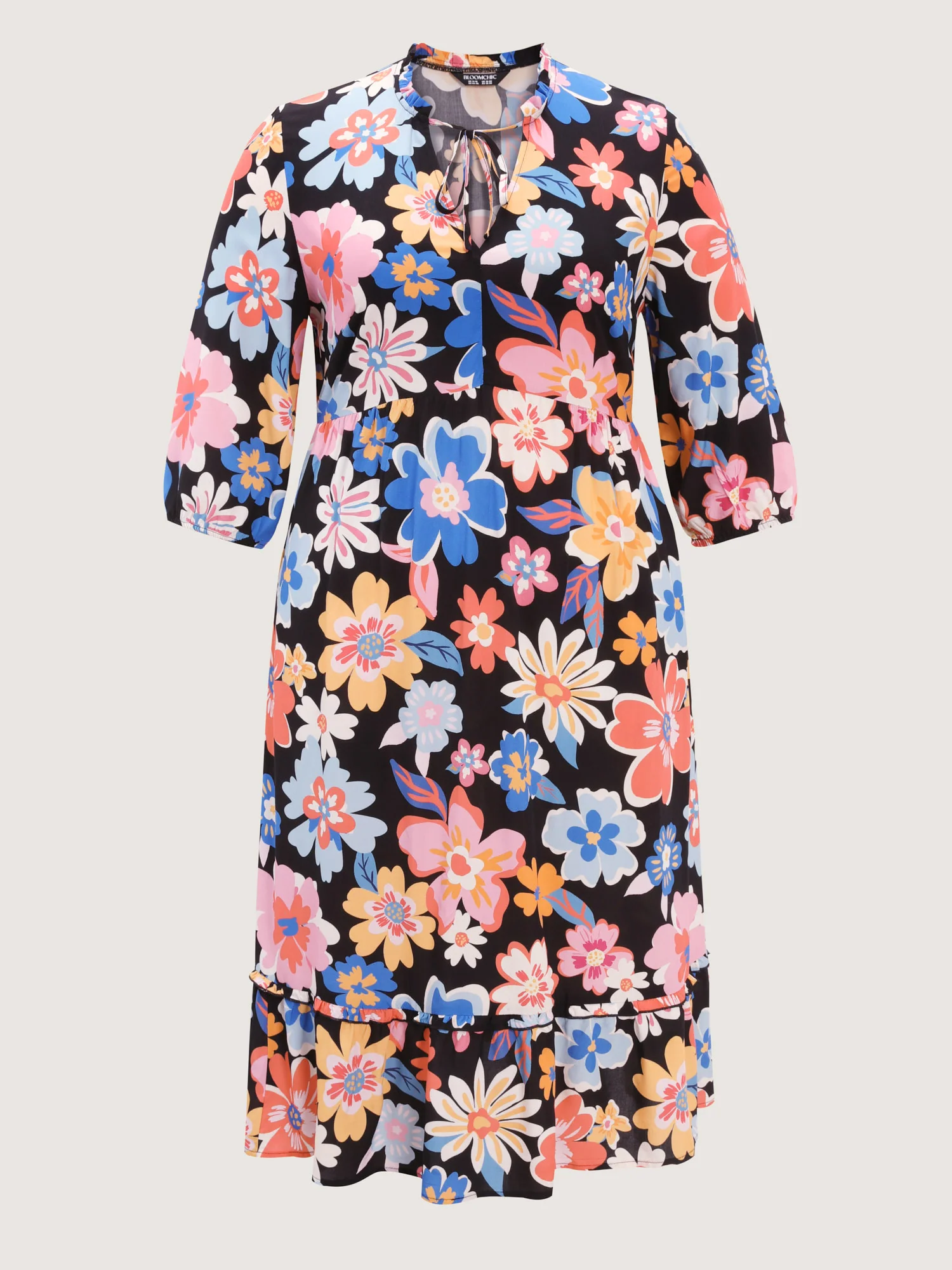 Colorful Large Floral Print Notched Collar Midi Dress - Image 7