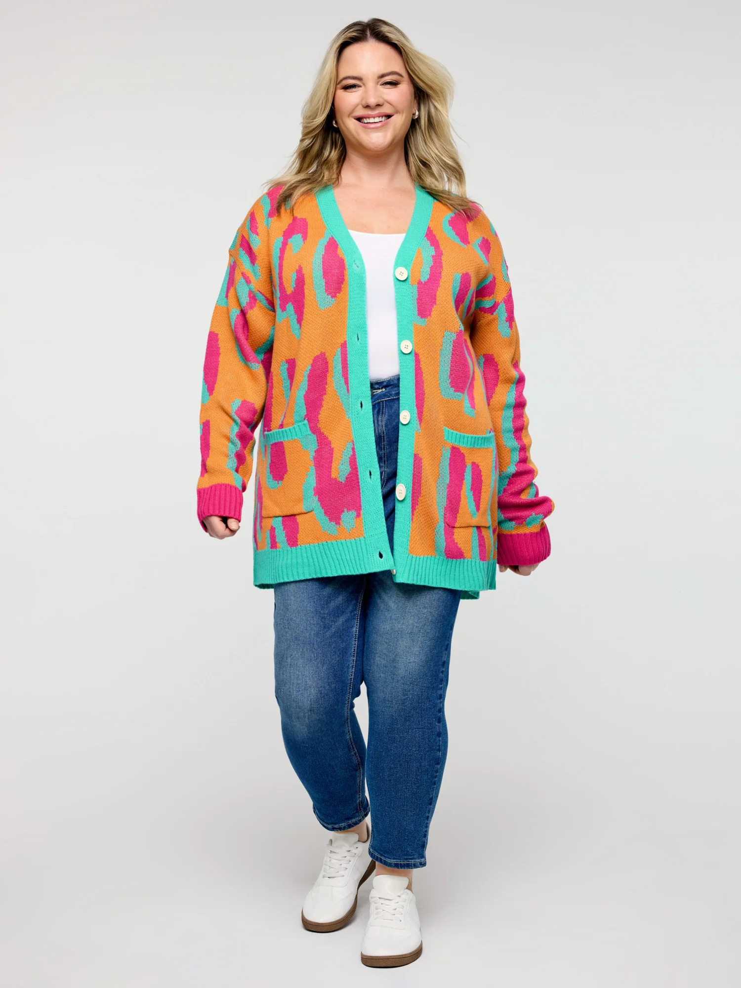 Colorful Leopard Button Pockets Knit Cardigan - Image 3