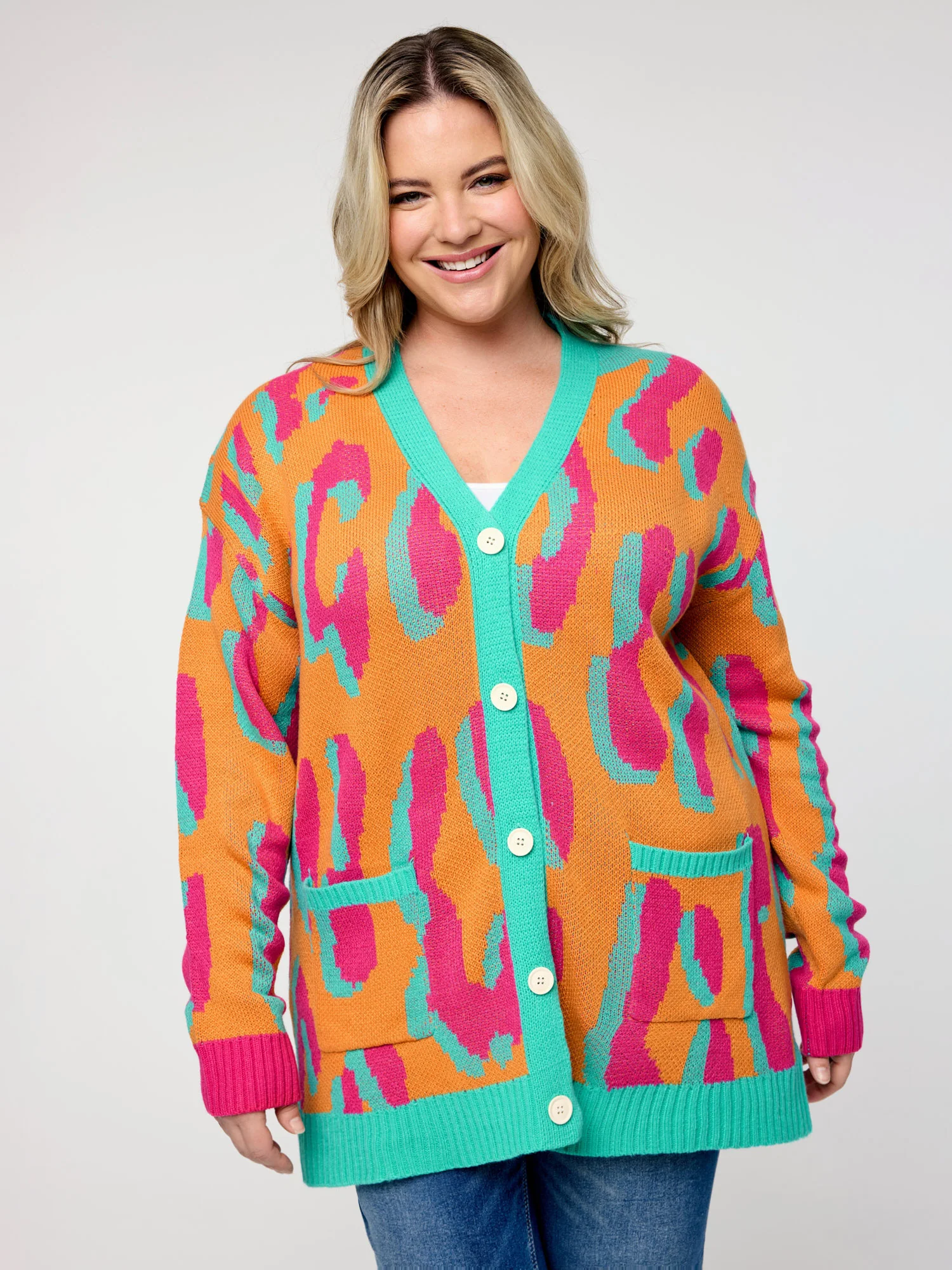 Colorful Leopard Button Pockets Knit Cardigan - Image 4