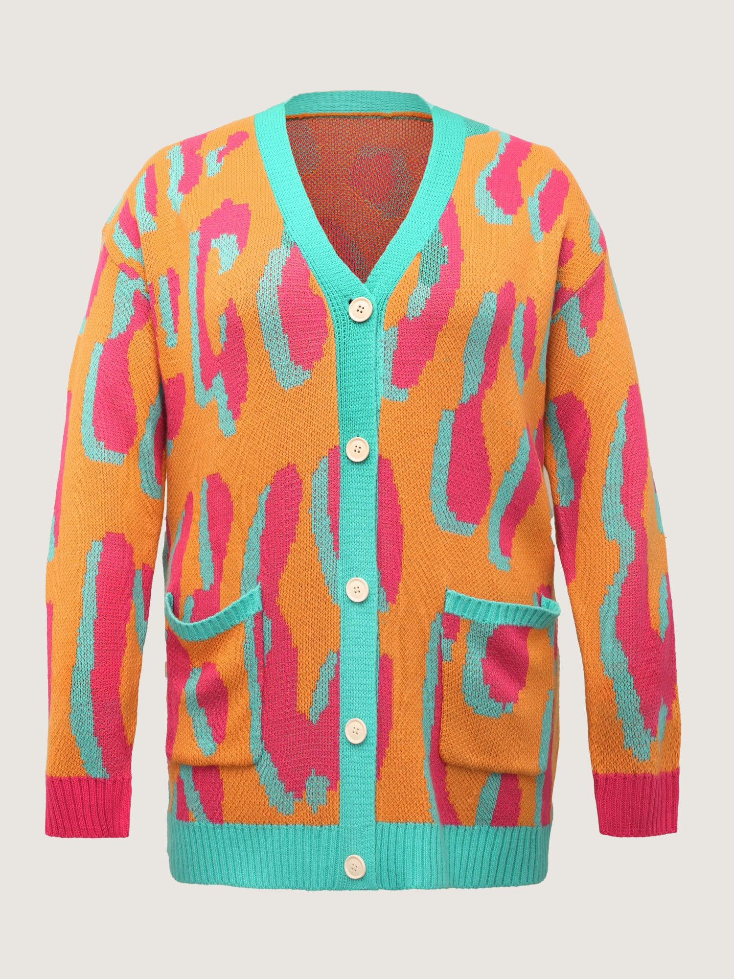 Colorful Leopard Button Pockets Knit Cardigan - Image 6