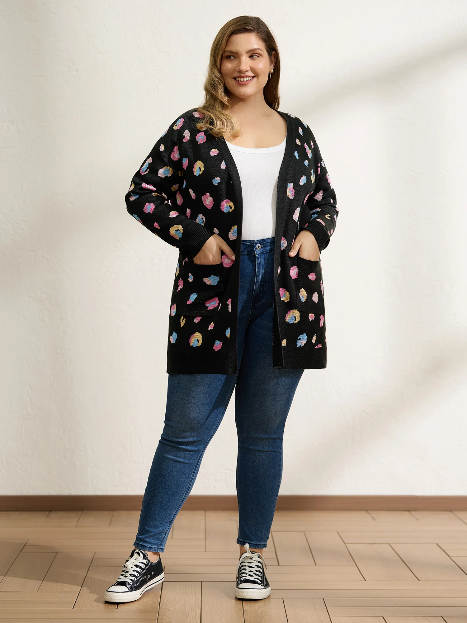 Colorful Leopard Print Pockets Knit Cardigan - Image 3