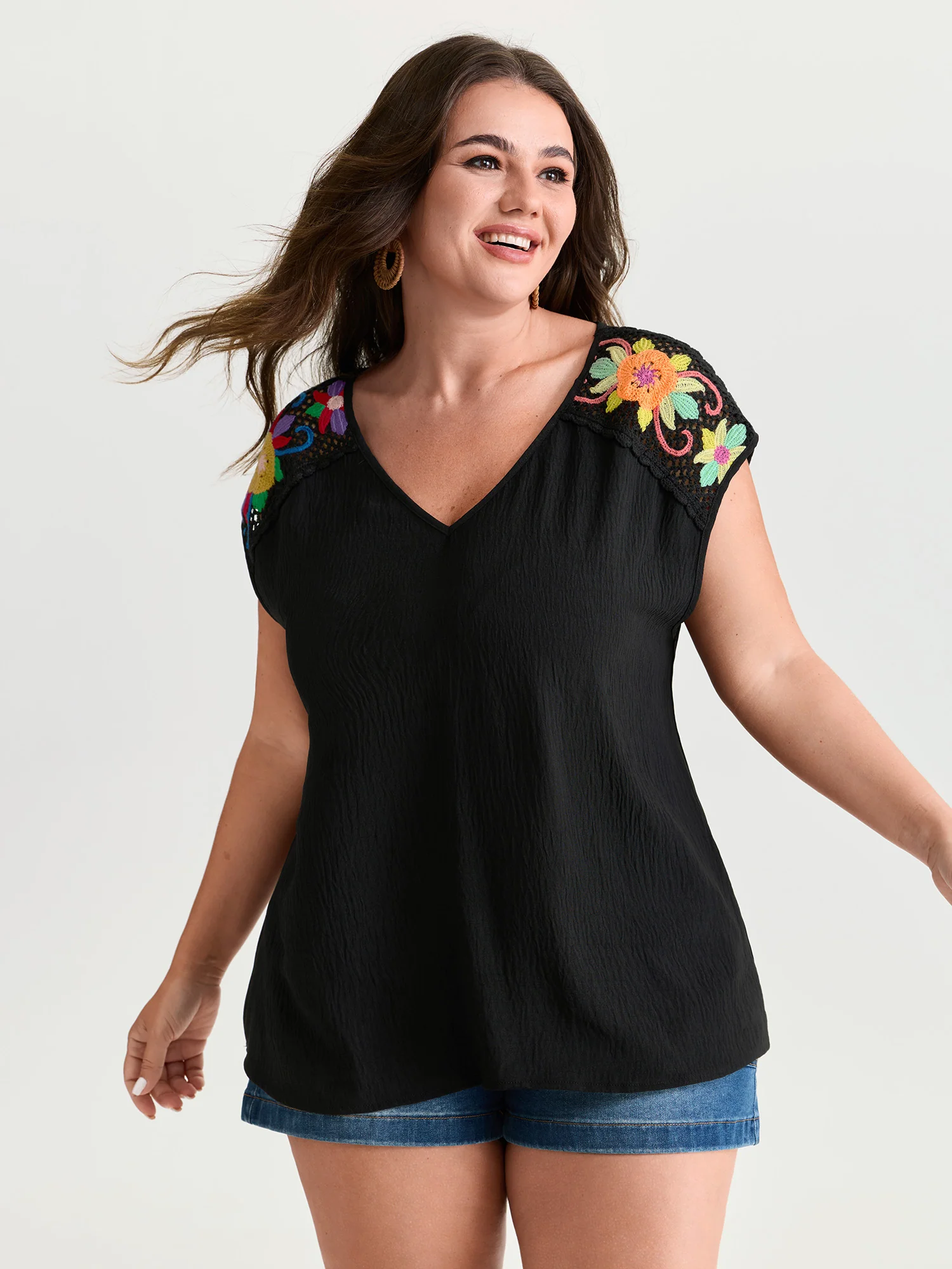 Colorful Openwork Crochet V-Neck Blouse
