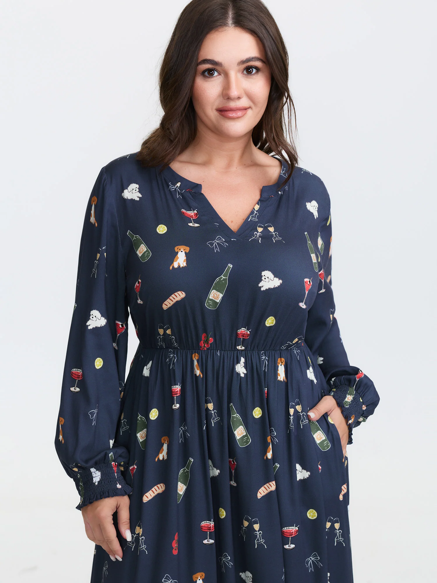 Colorful Pattern Shirred Pockets Midi Dress - Image 2