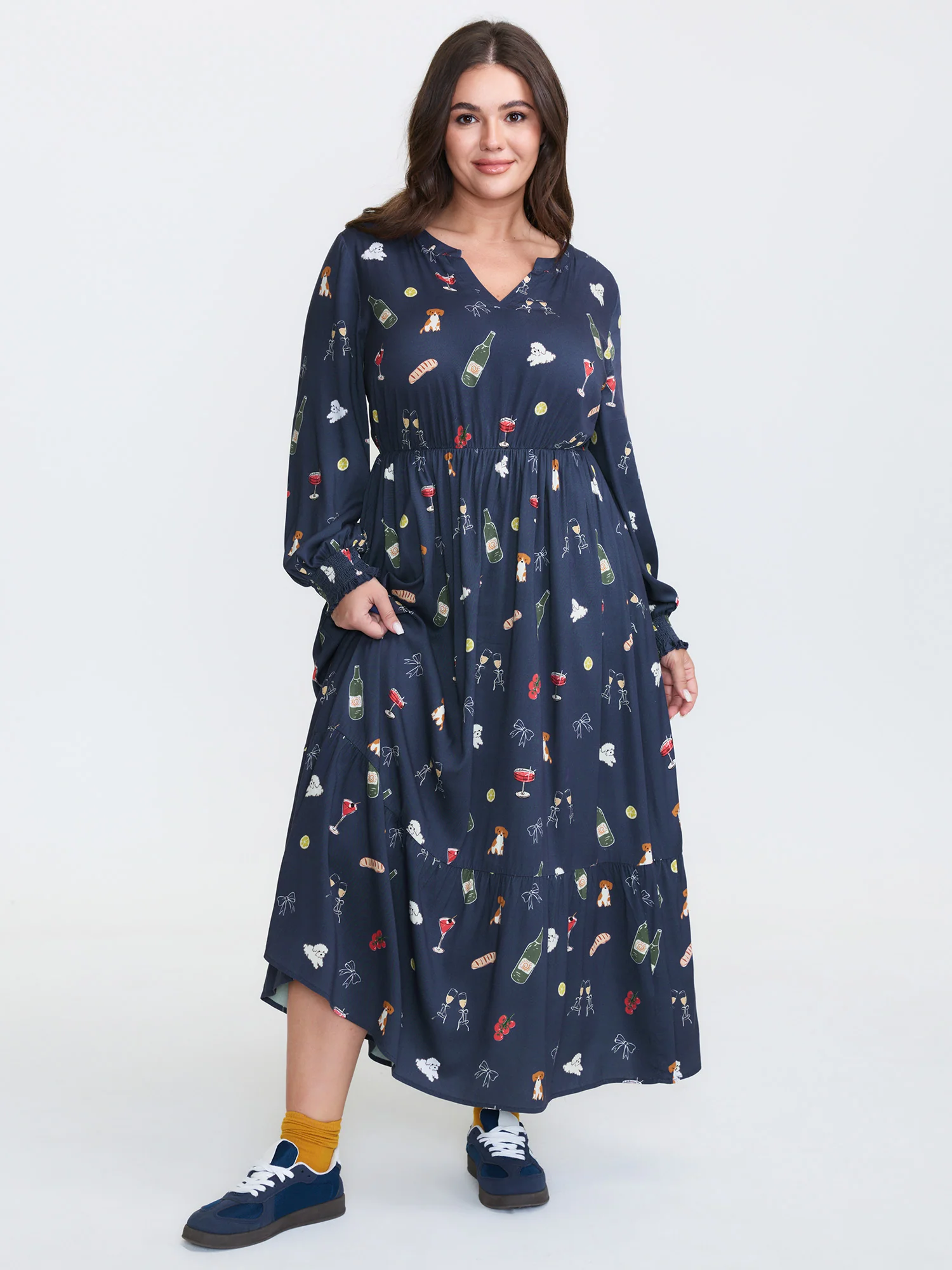 Colorful Pattern Shirred Pockets Midi Dress - Image 3