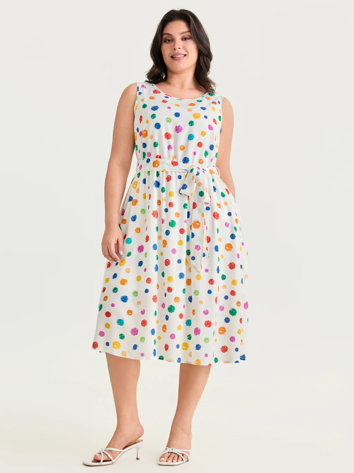 Colorful Polka Dot Waist Tie Midi Dress - Image 3