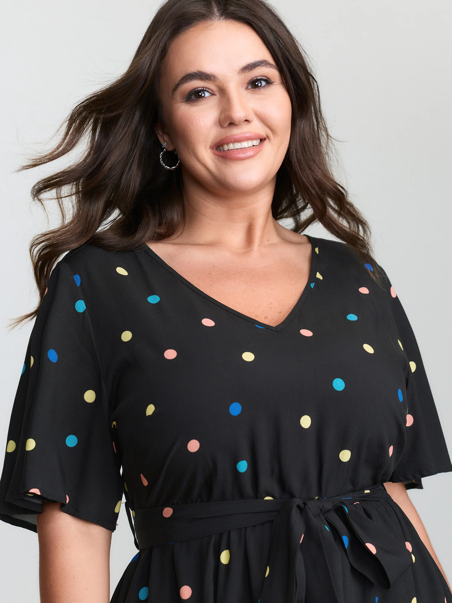 Colorful Polka Dots Belted Midi Dress - Image 2