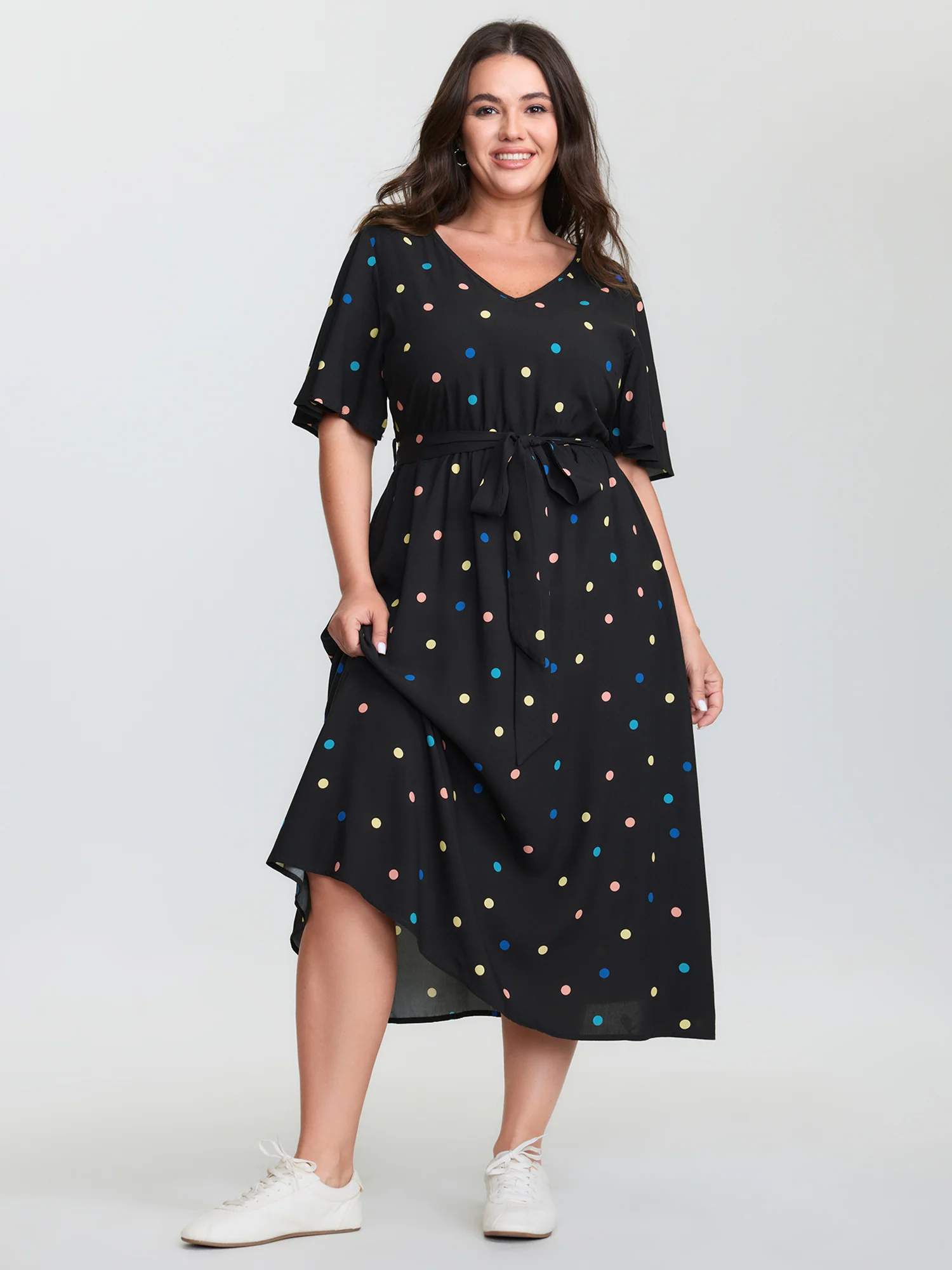 Colorful Polka Dots Belted Midi Dress - Image 3