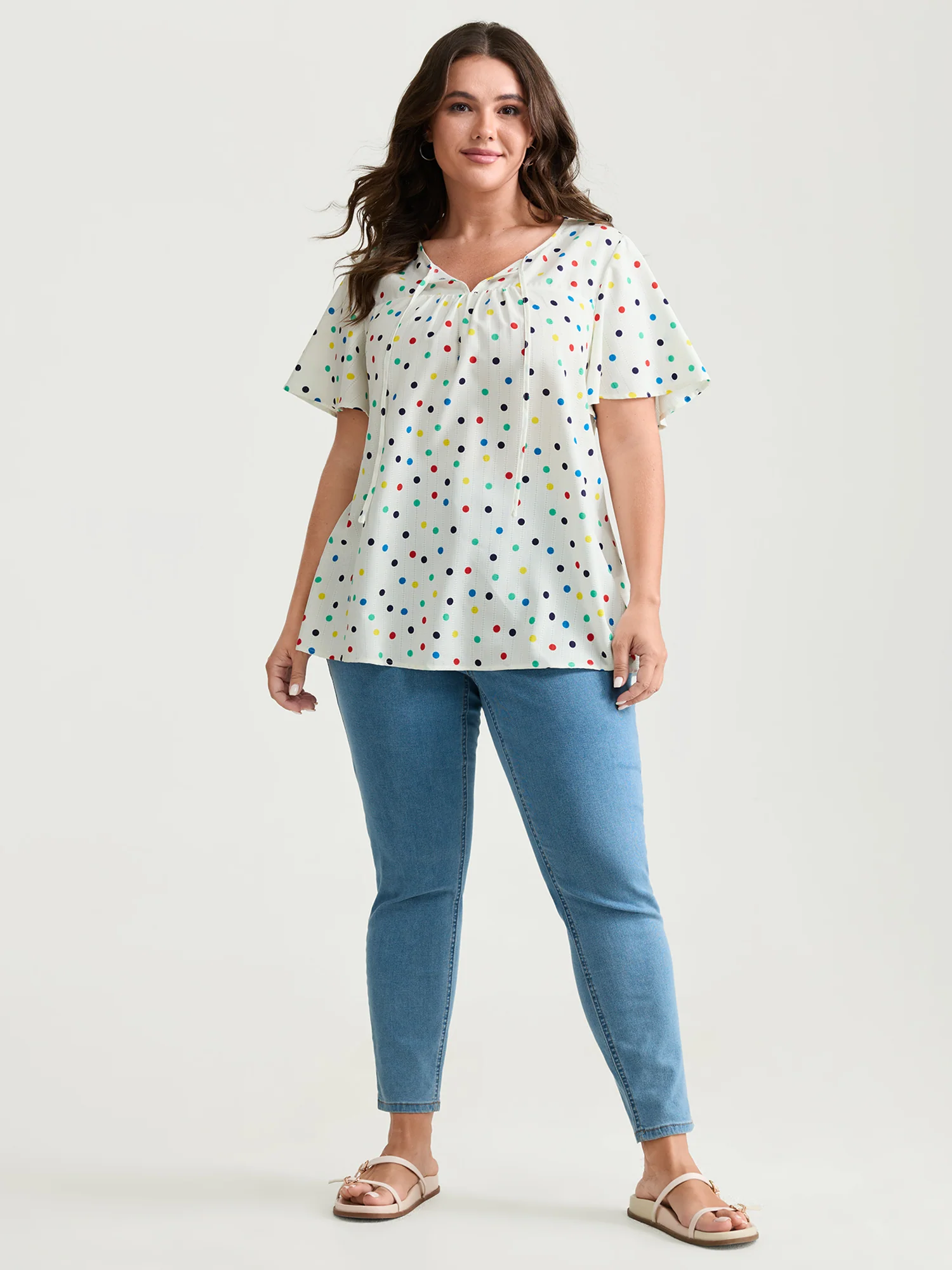 Colorful Polka Dots Drawstring Ruched Blouse - Image 3