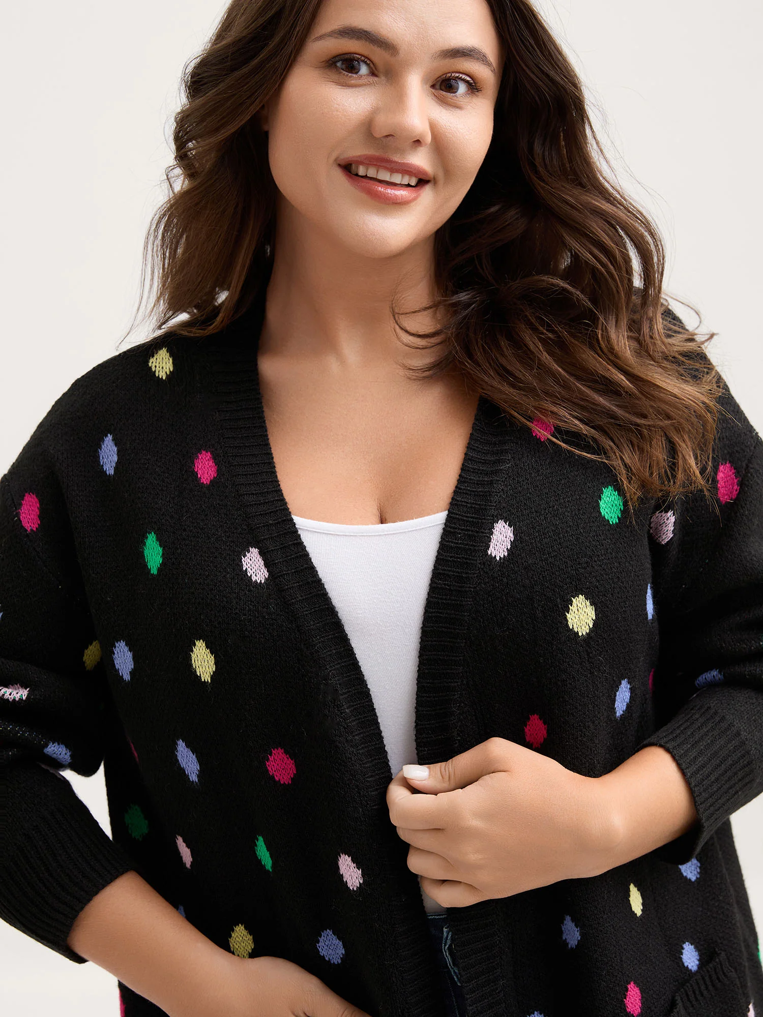 Colorful Polka Dots Pockets Knit Cardigan - Image 2