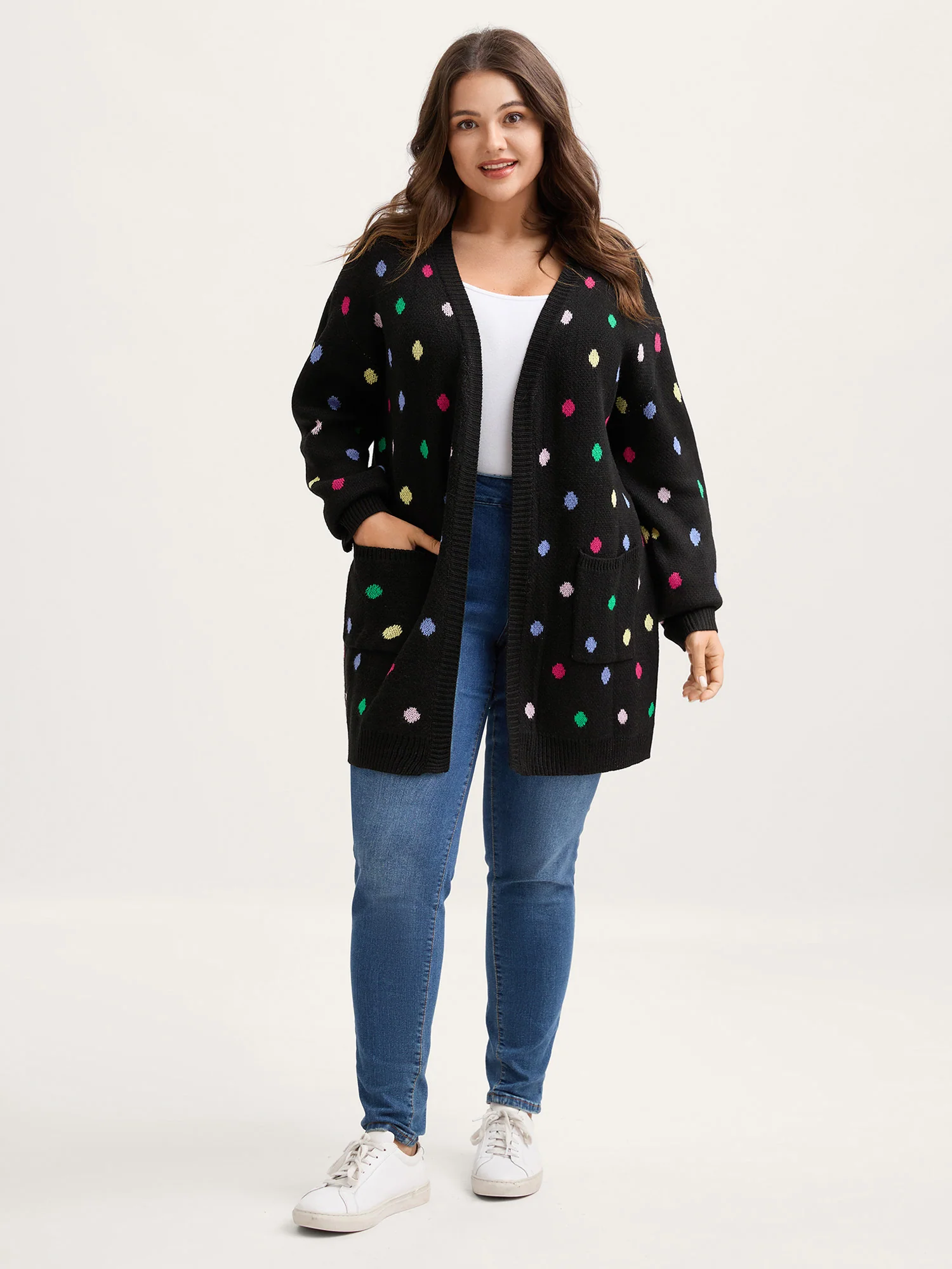 Colorful Polka Dots Pockets Knit Cardigan - Image 3