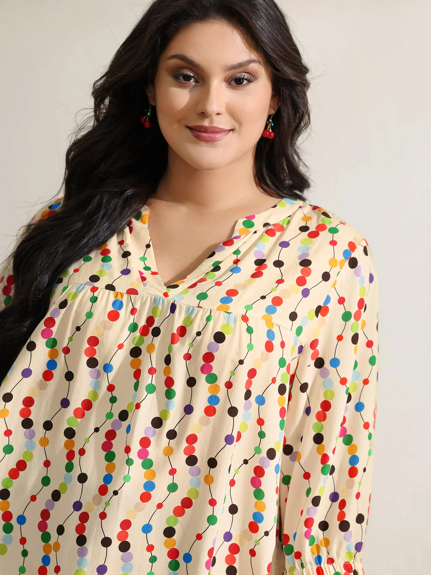 Colorful Polka Dots Rayon Notched Collar Blouse - Image 2