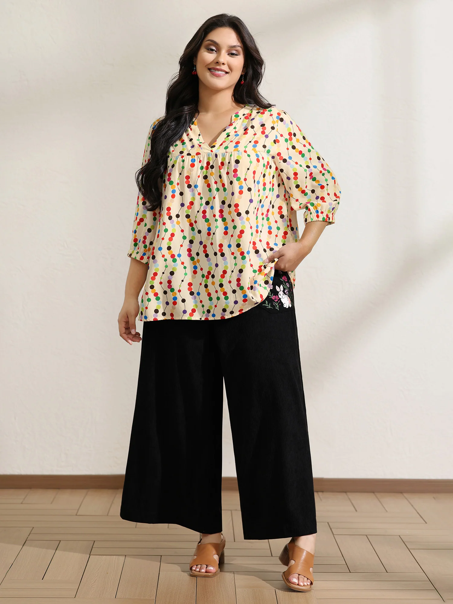 Colorful Polka Dots Rayon Notched Collar Blouse - Image 3