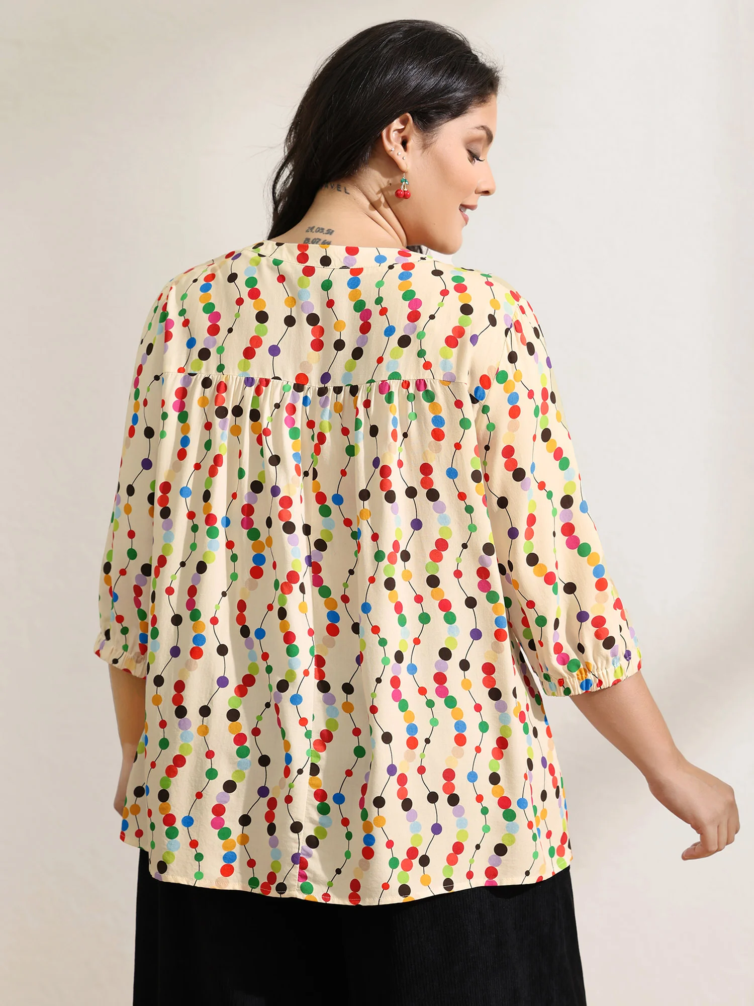 Colorful Polka Dots Rayon Notched Collar Blouse - Image 4