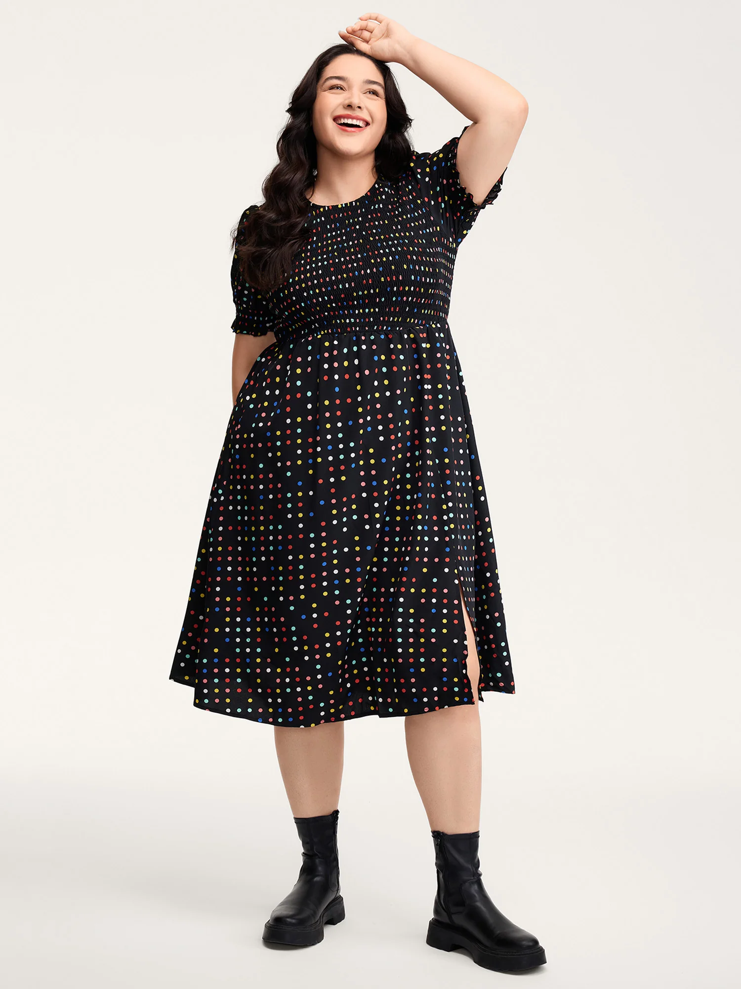 Colorful Polka Dots Shirred Bodice Midi Dress - Image 2