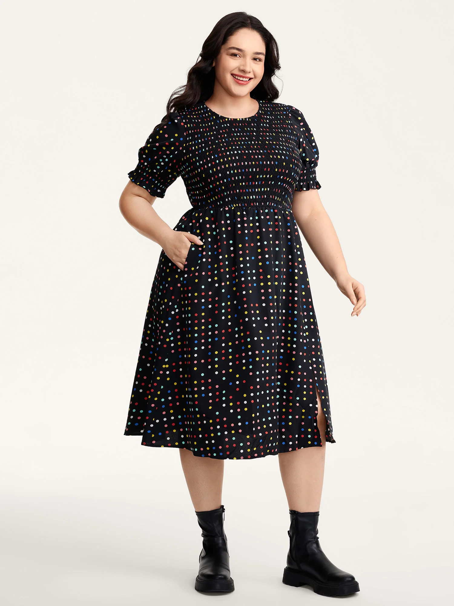 Colorful Polka Dots Shirred Bodice Midi Dress - Image 4
