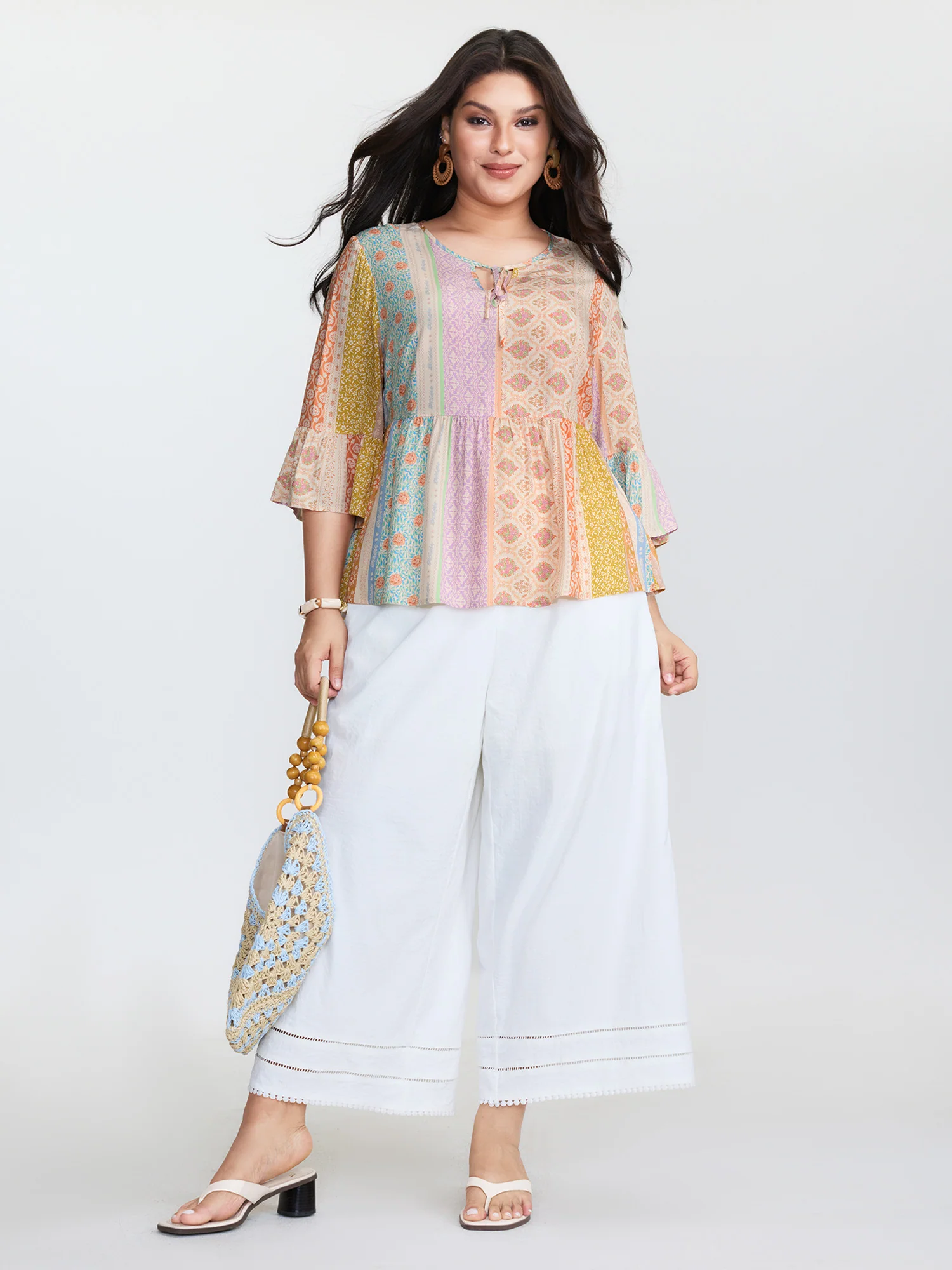 Colorful Printed Stripe Flared Blouse - Image 3