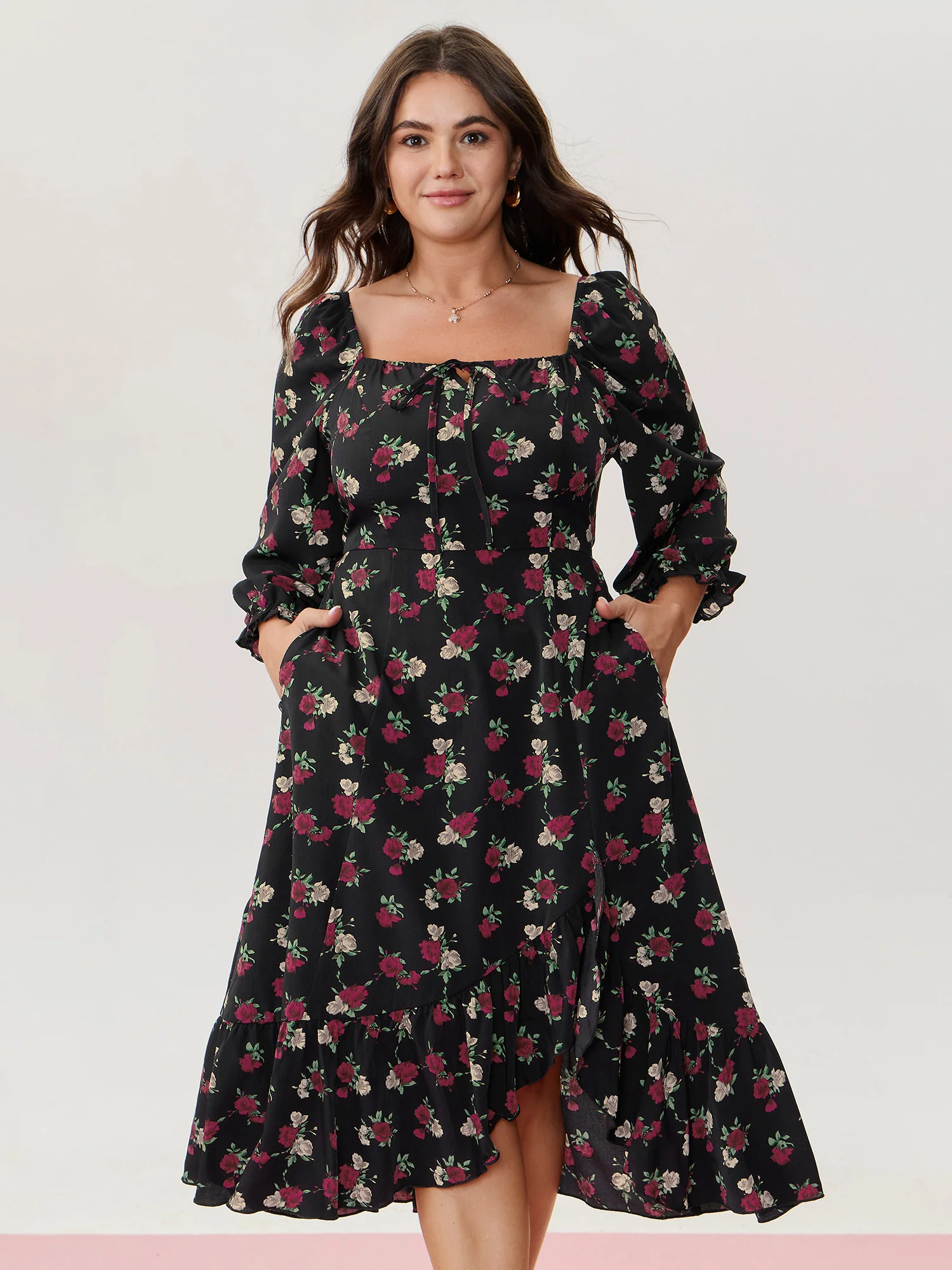 Colorful Rose Pattern Drawstring Neckline Midi Dress - Image 2