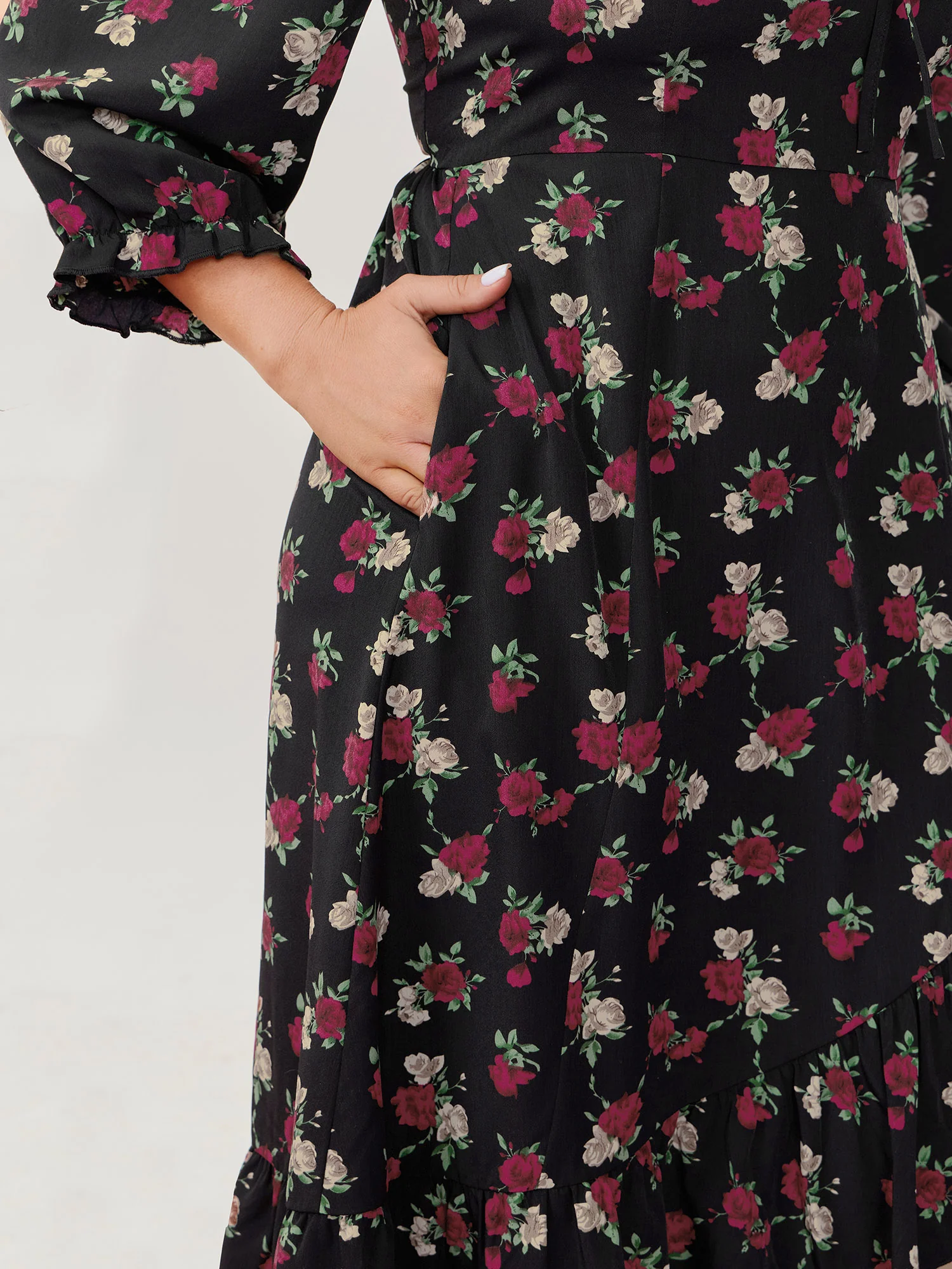 Colorful Rose Pattern Drawstring Neckline Midi Dress - Image 3