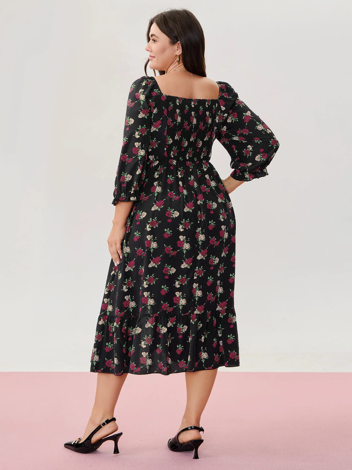 Colorful Rose Pattern Drawstring Neckline Midi Dress - Image 4