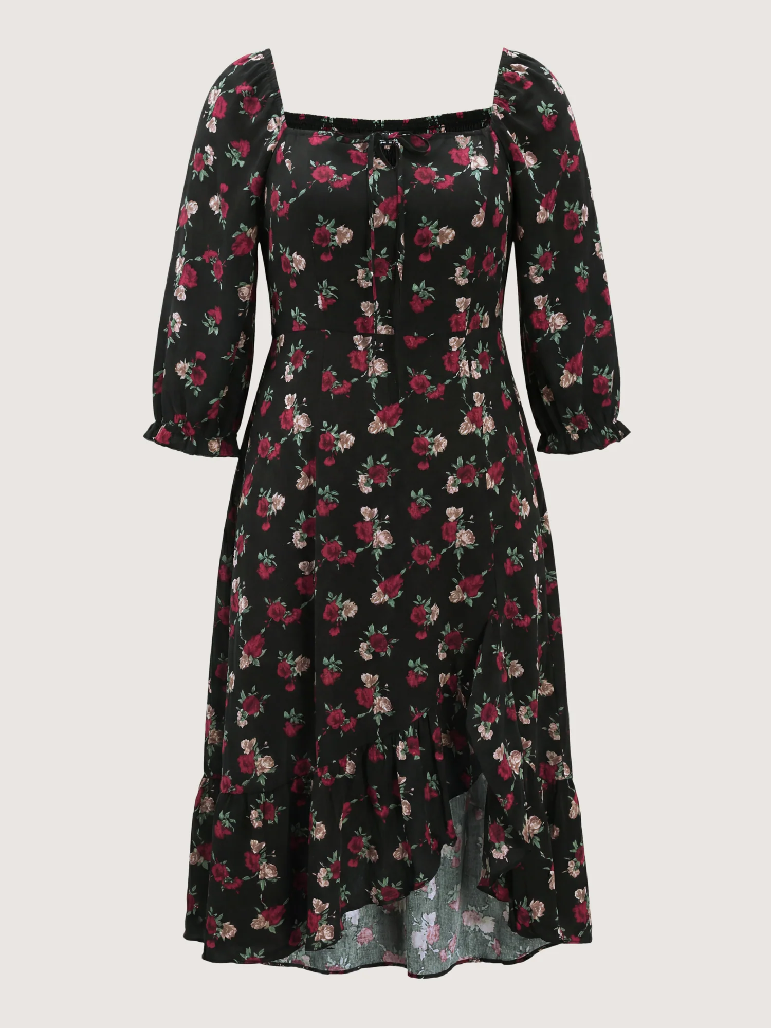 Colorful Rose Pattern Drawstring Neckline Midi Dress - Image 5
