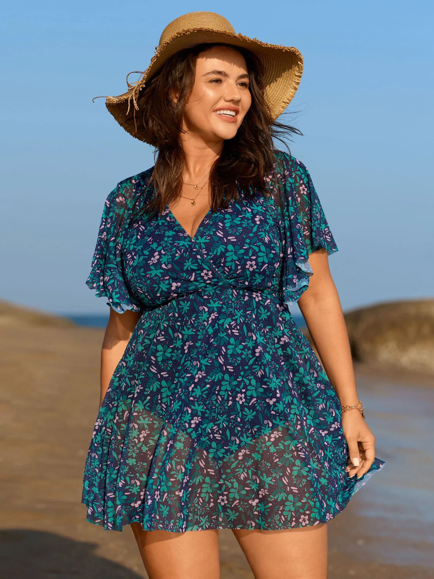 Colorful Sheer Floral Print Swim Dress - Image 3