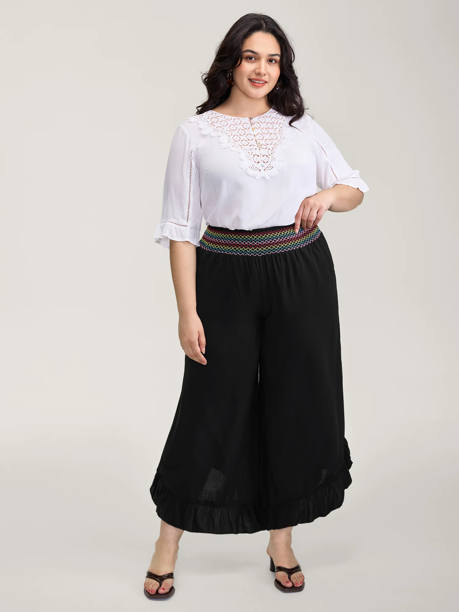 Colorful Shirred Waistband Ruffled Hem Pants - Image 2