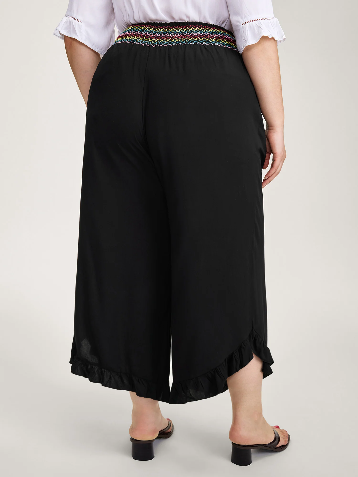 Colorful Shirred Waistband Ruffled Hem Pants - Image 4