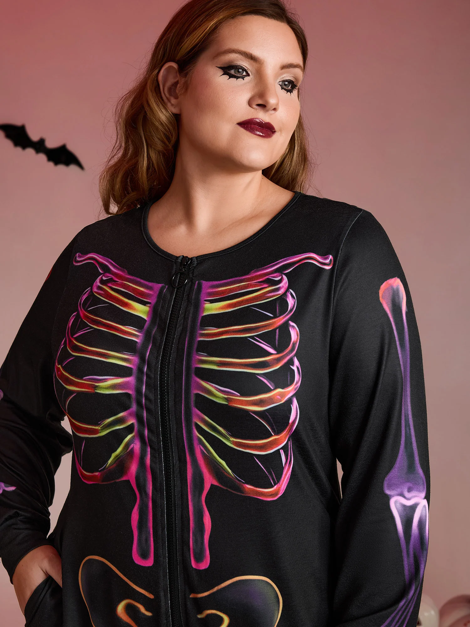 Colorful Skeleton Print Zipper Lounge Jumpsuit - Image 2