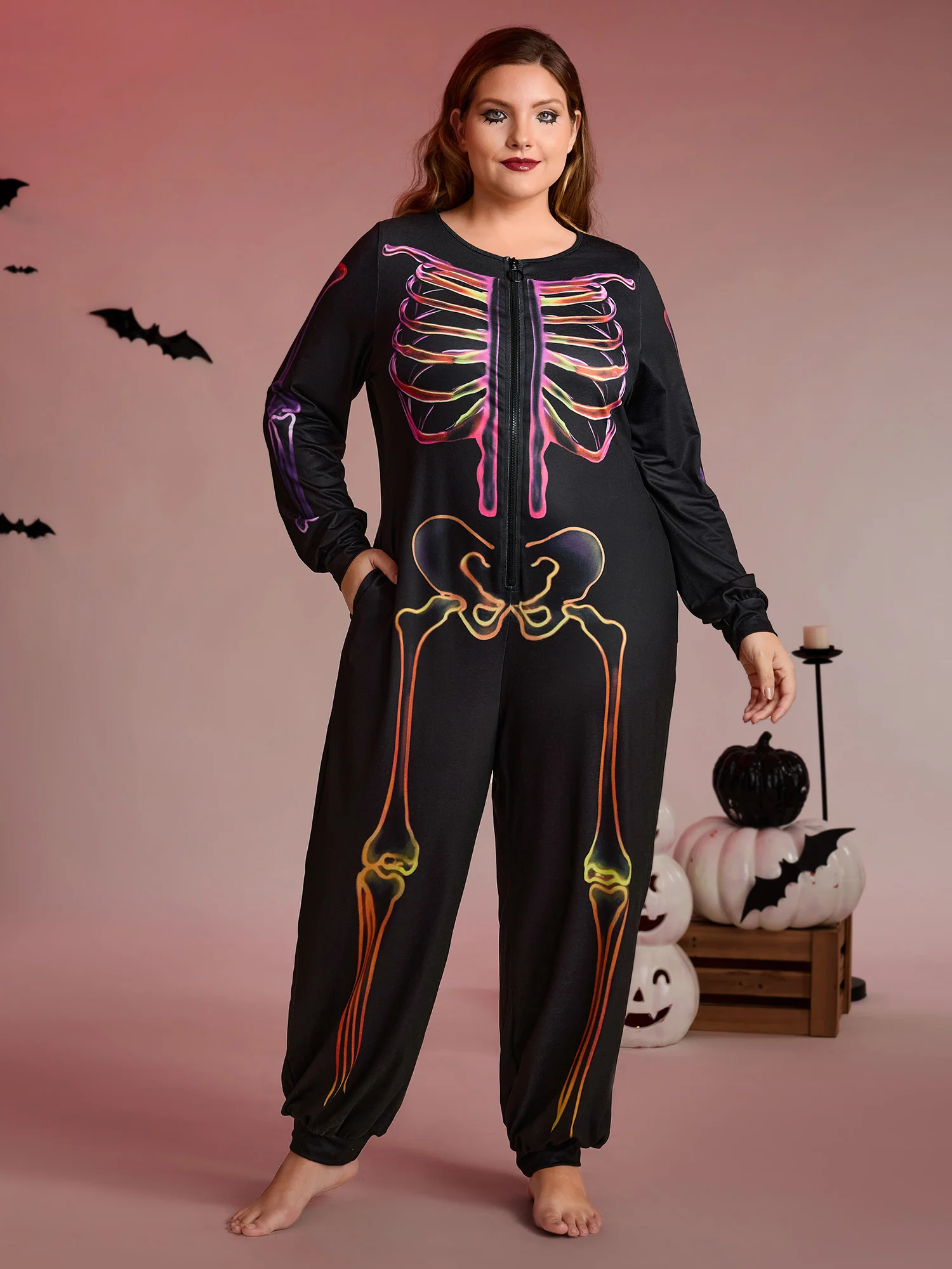 Colorful Skeleton Print Zipper Lounge Jumpsuit - Image 3