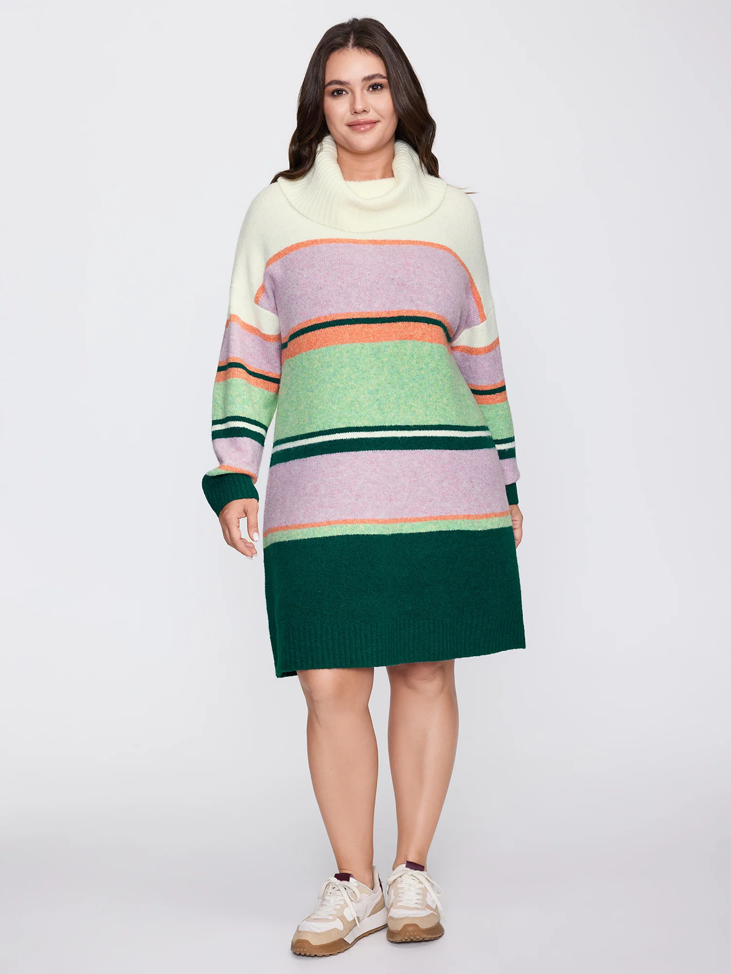 Colorful Stripe Drape Turtleneck Sweater Dress - Image 3