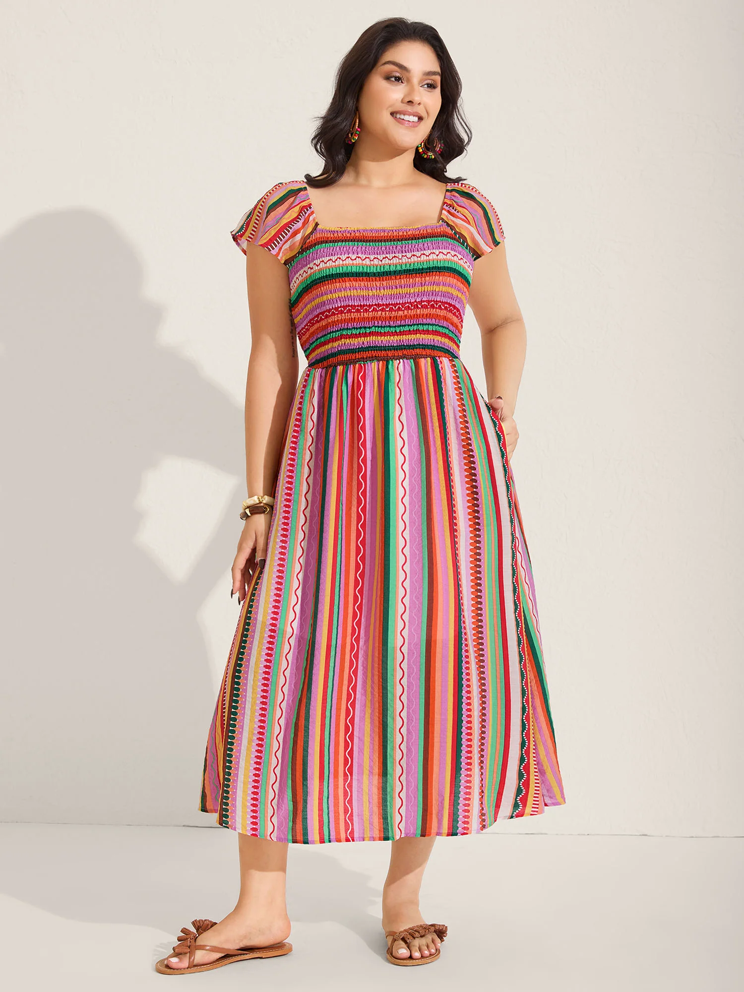 Colorful Stripe Flutter Sleeve Pockets Midi Dress - Image 3