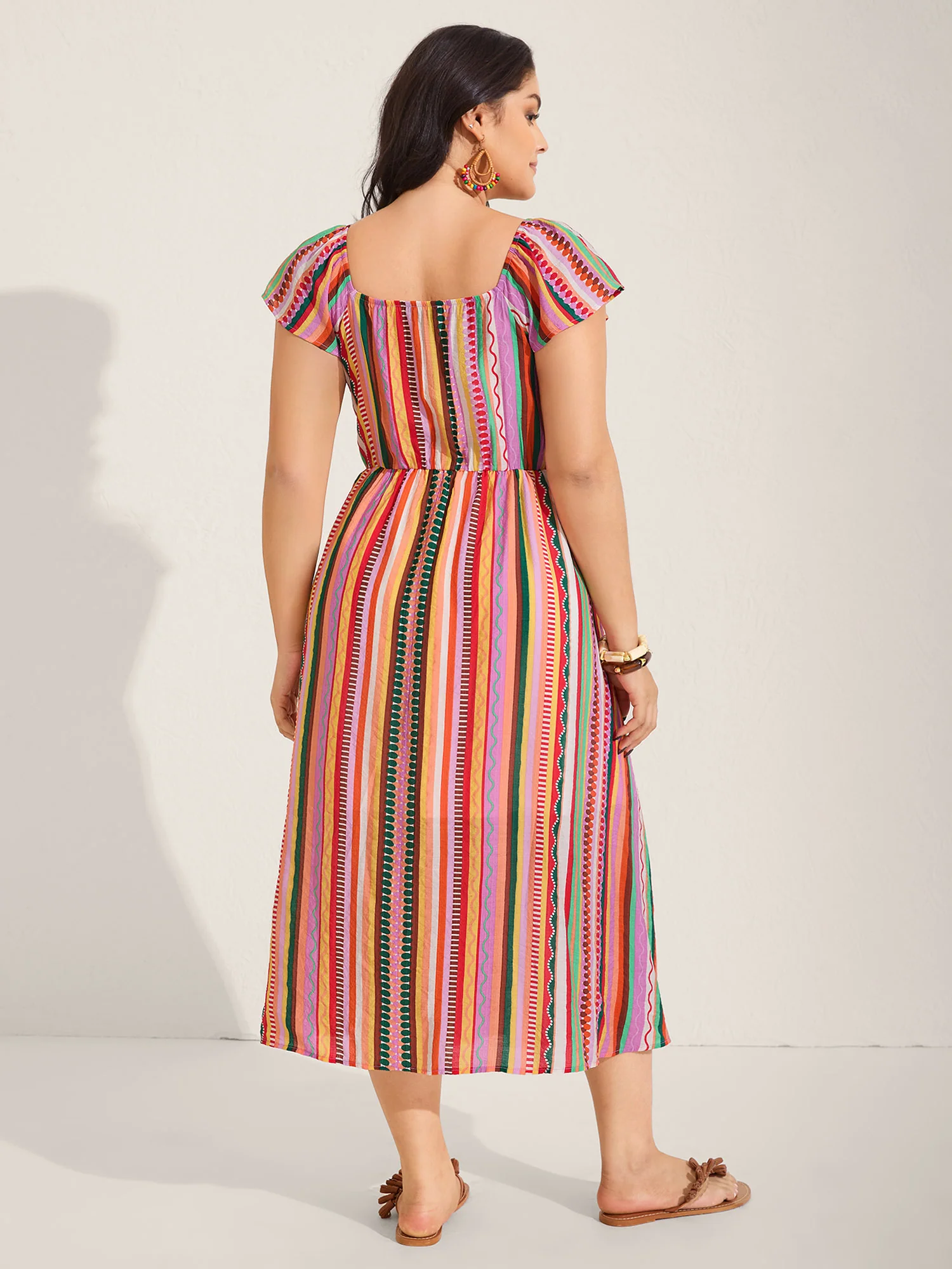 Colorful Stripe Flutter Sleeve Pockets Midi Dress - Image 4