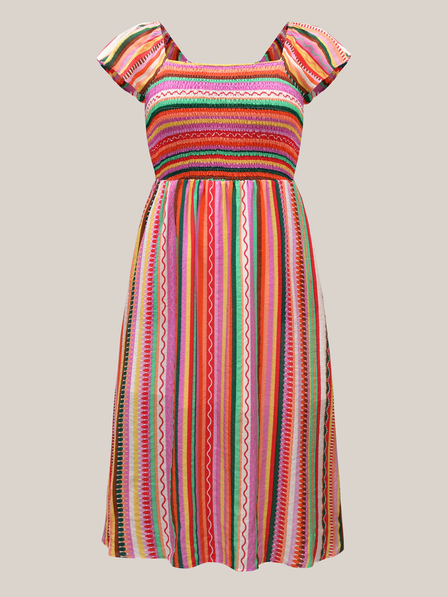 Colorful Stripe Flutter Sleeve Pockets Midi Dress - Image 5