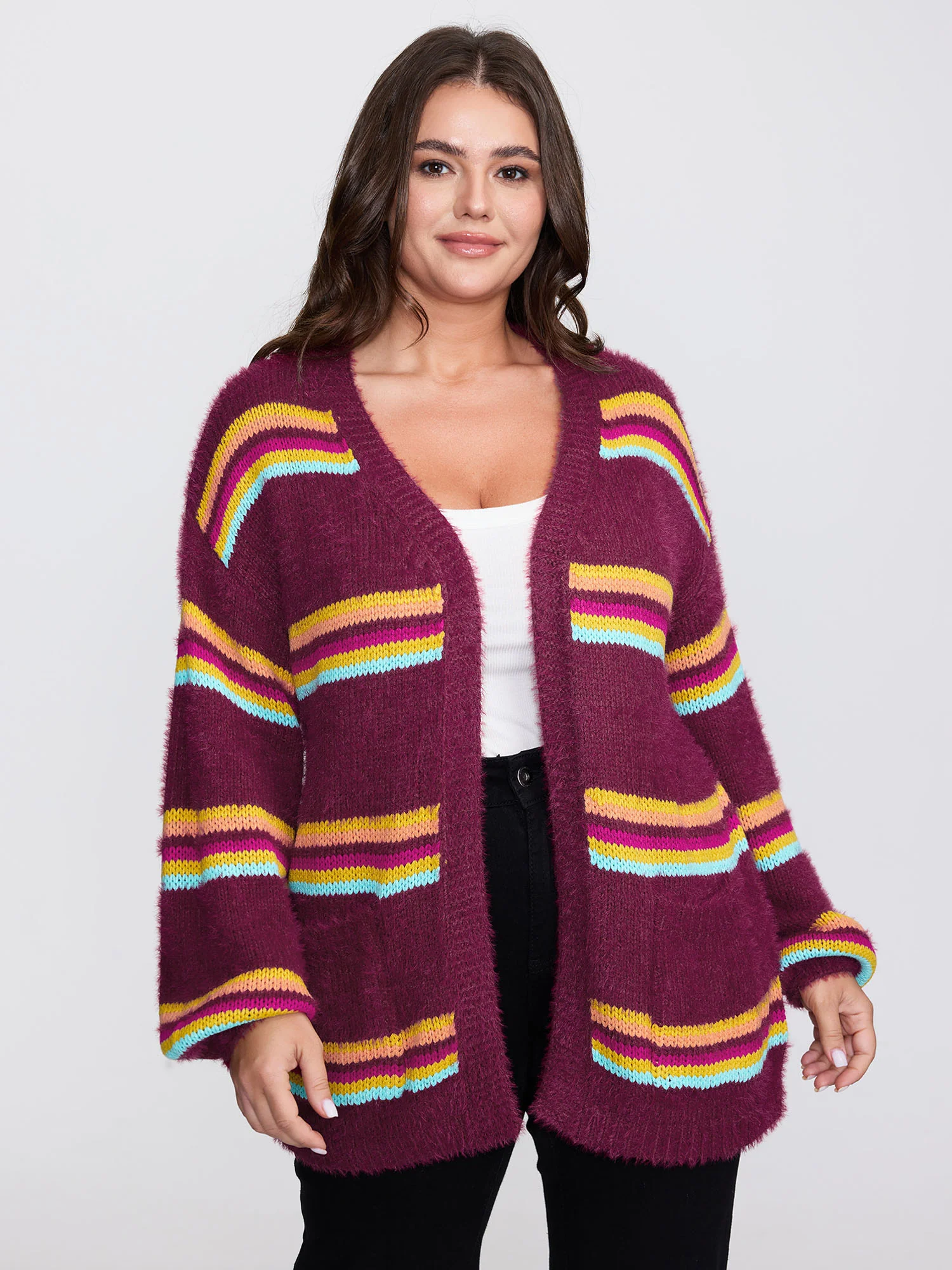Colorful Stripe Furry Textured Knit Cardigan - Image 2