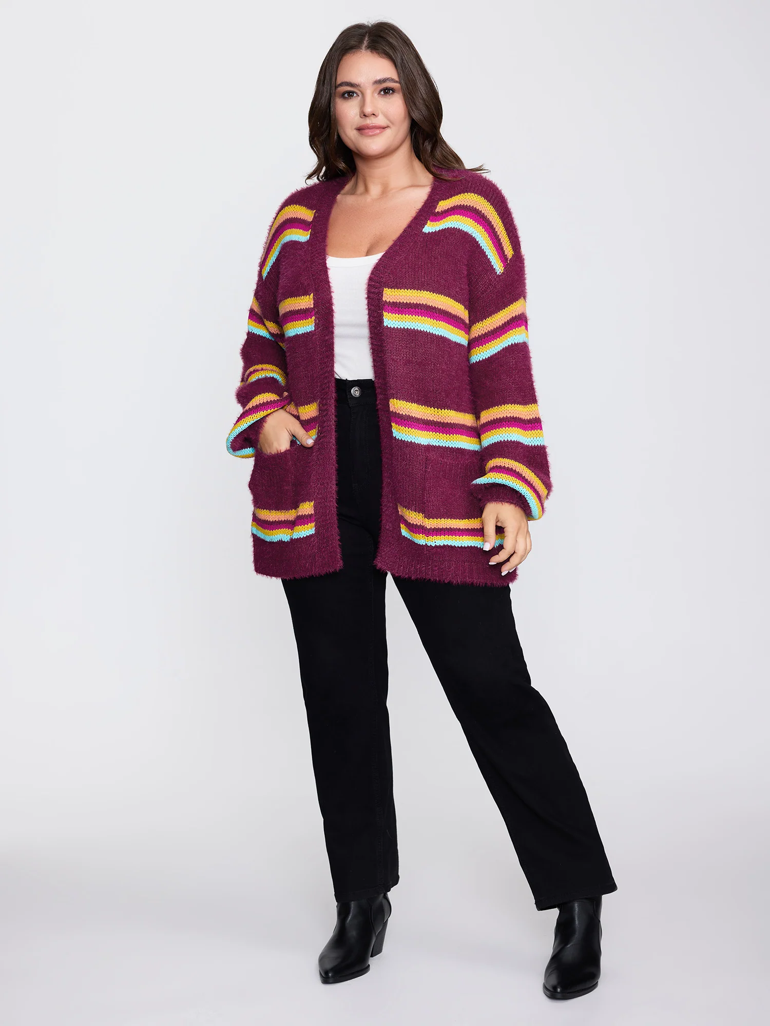 Colorful Stripe Furry Textured Knit Cardigan - Image 3