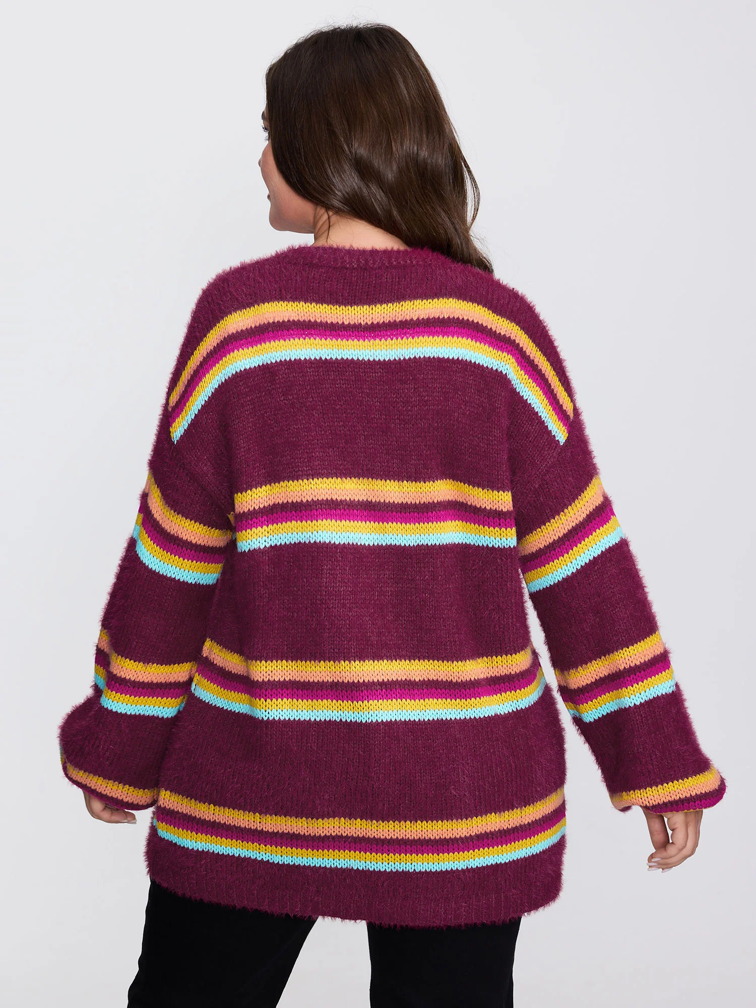 Colorful Stripe Furry Textured Knit Cardigan - Image 4
