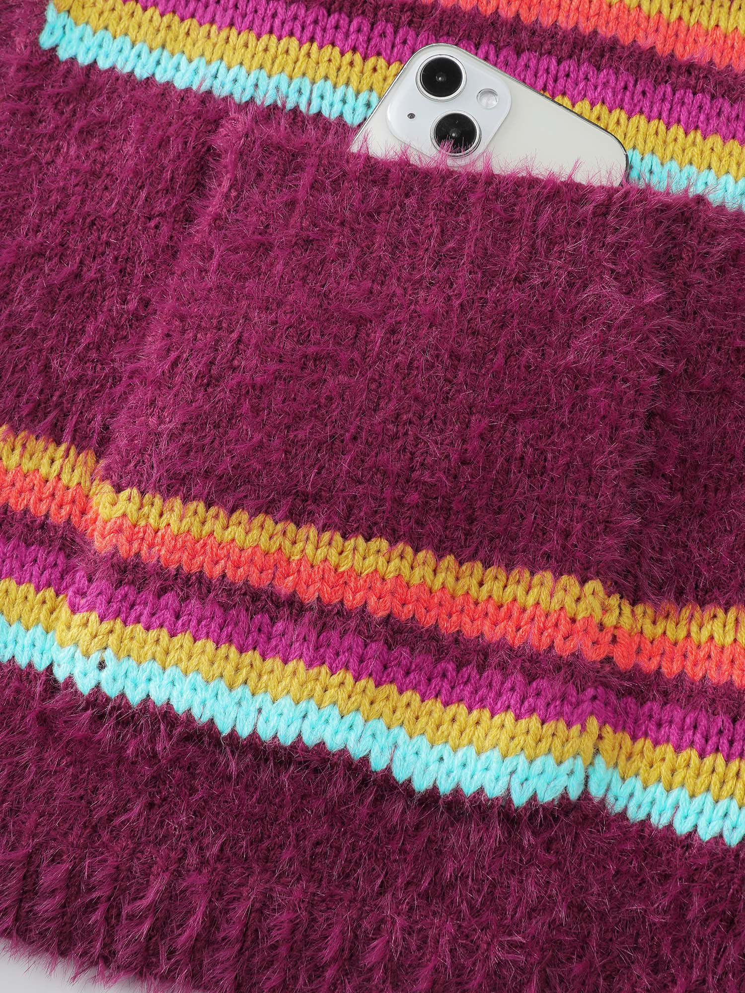 Colorful Stripe Furry Textured Knit Cardigan - Image 7