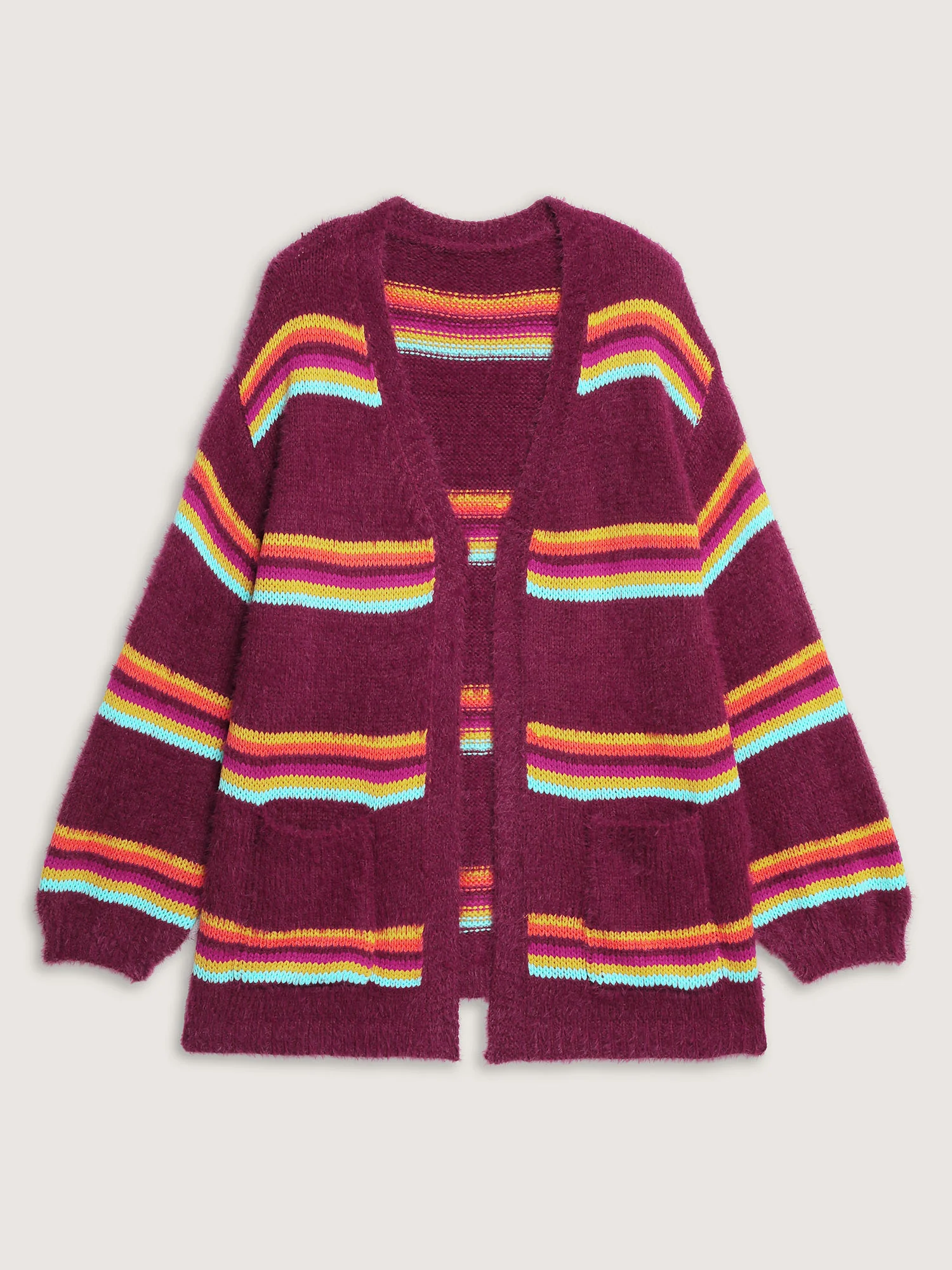 Colorful Stripe Furry Textured Knit Cardigan - Image 8