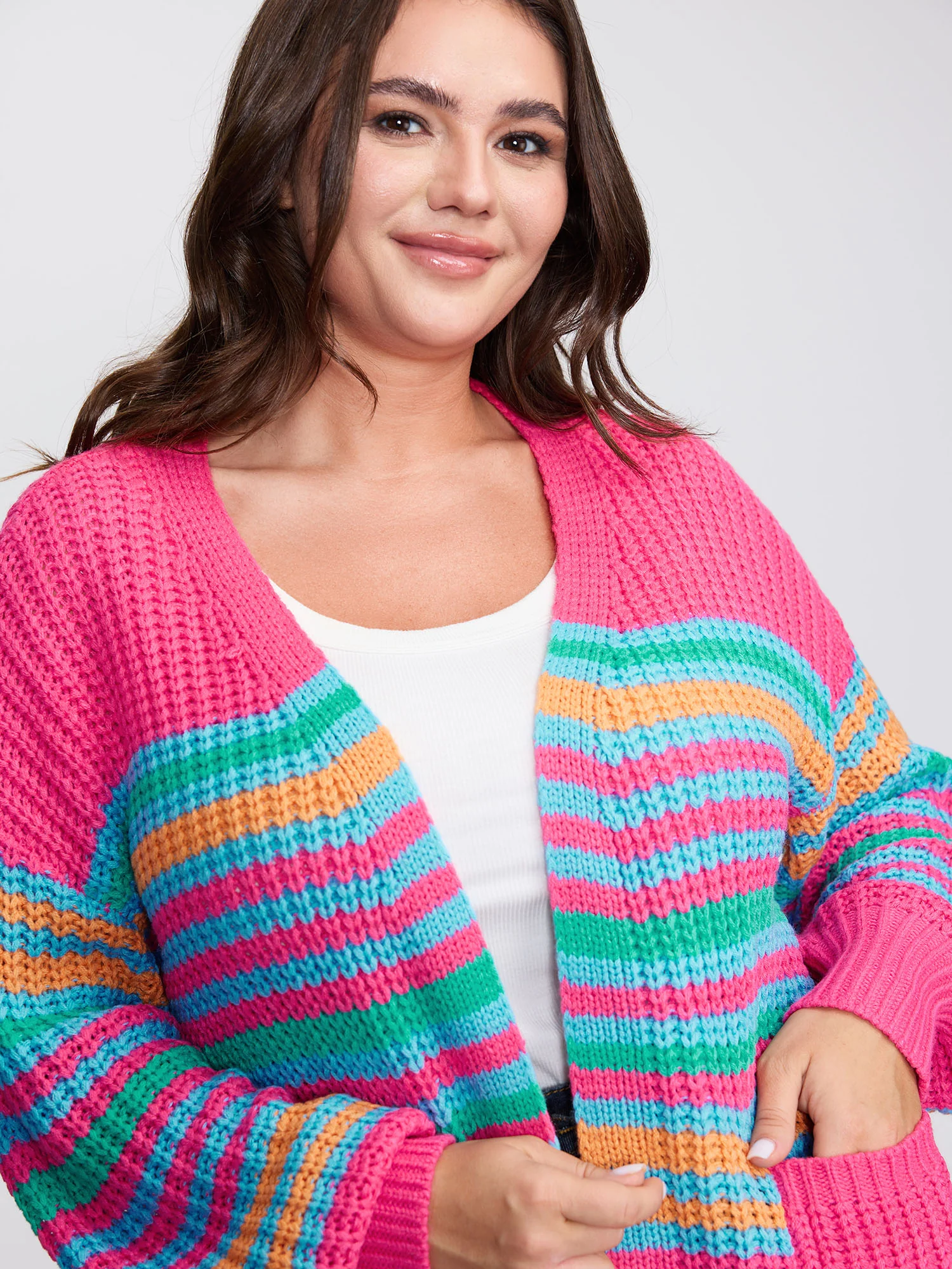 Colorful Stripe Pockets Knit Cardigan - Image 2